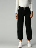 Women's Black Wide Leg High-Rise Stretchable Jeans With Belt