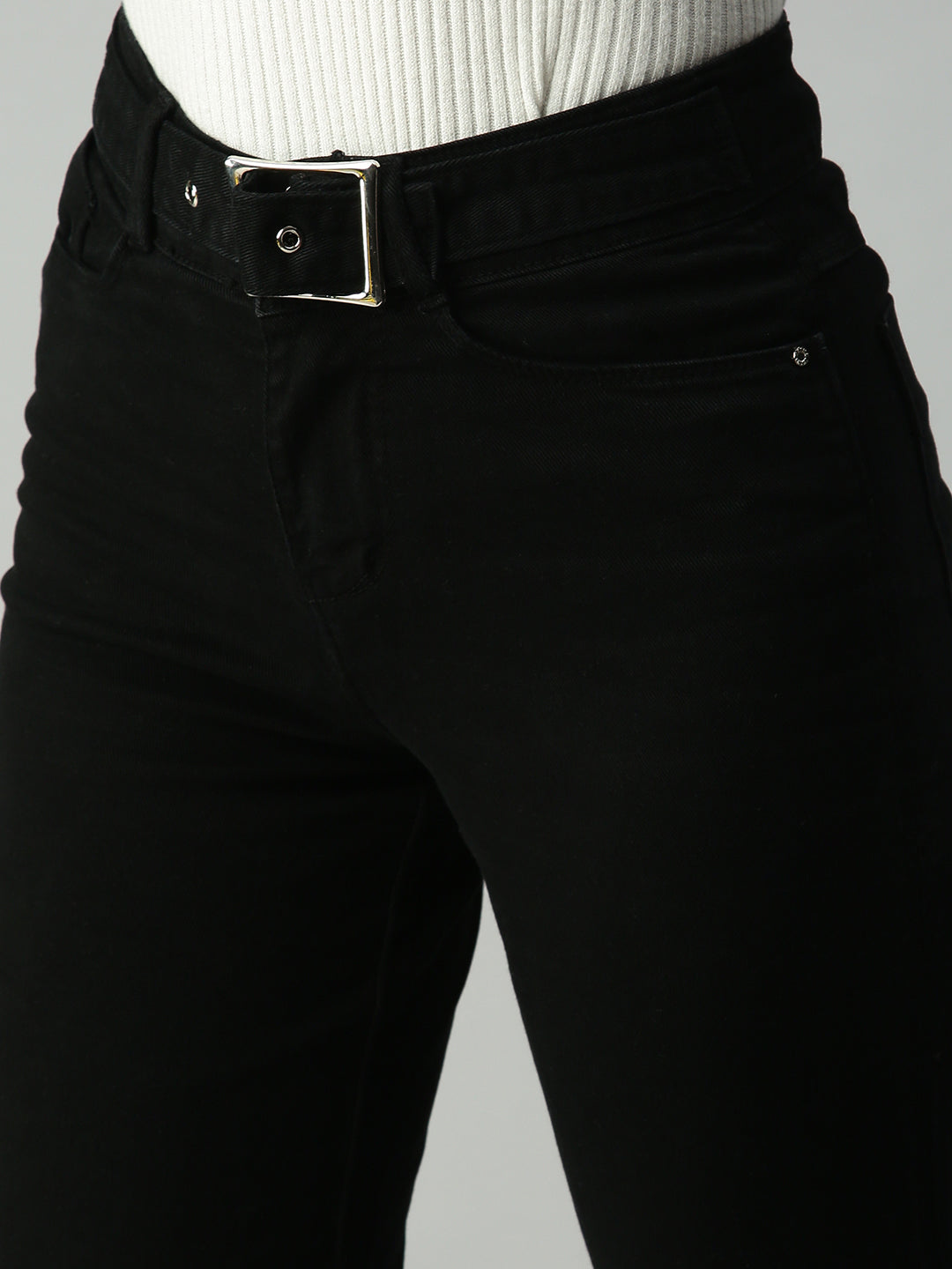 Women's Black Wide Leg High-Rise Stretchable Jeans With Belt