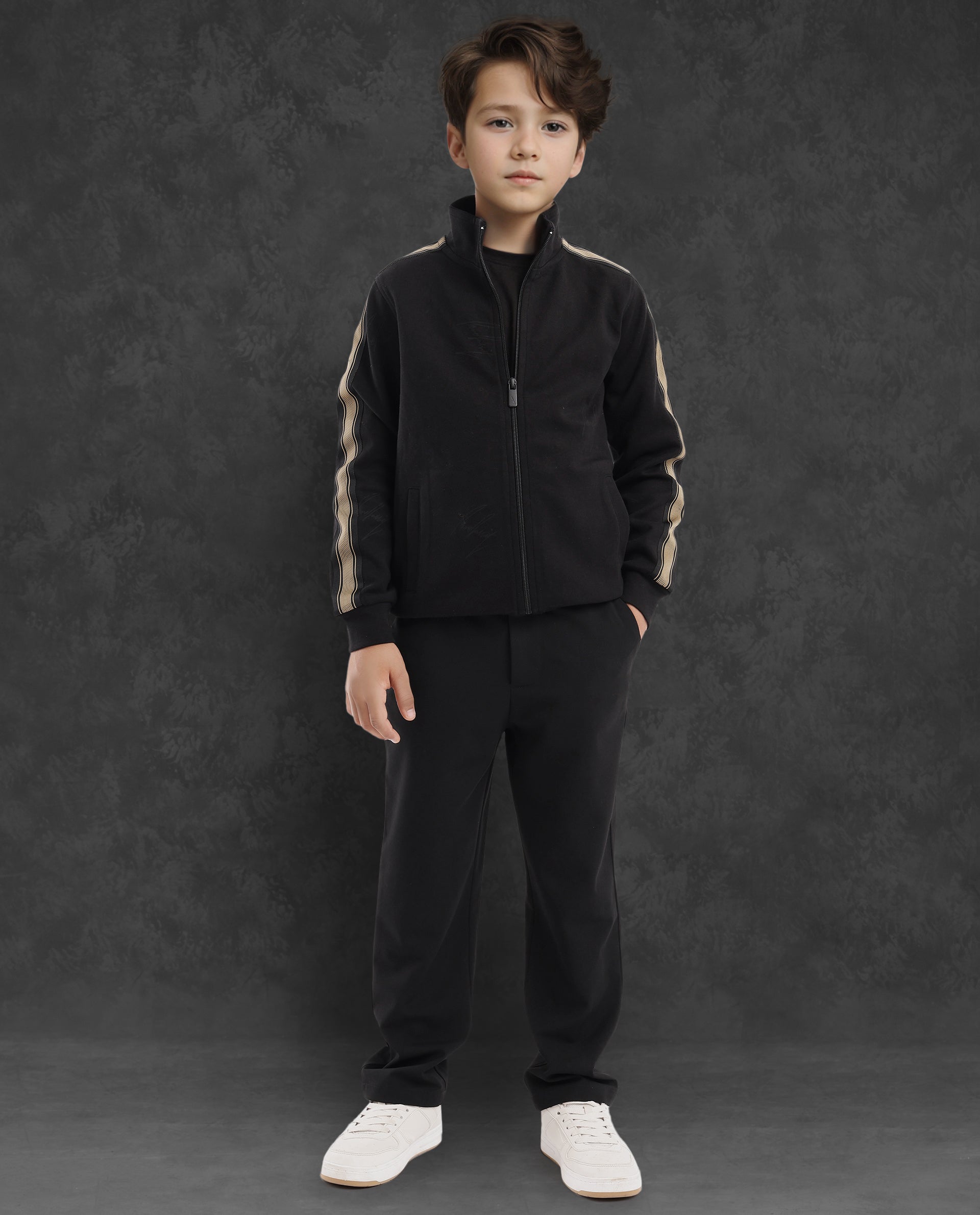 Rare Ones Kids Jacksign Black Cotton Full Sleeves High Neck Striped Sleeve Zipper Closure Solid Jacket