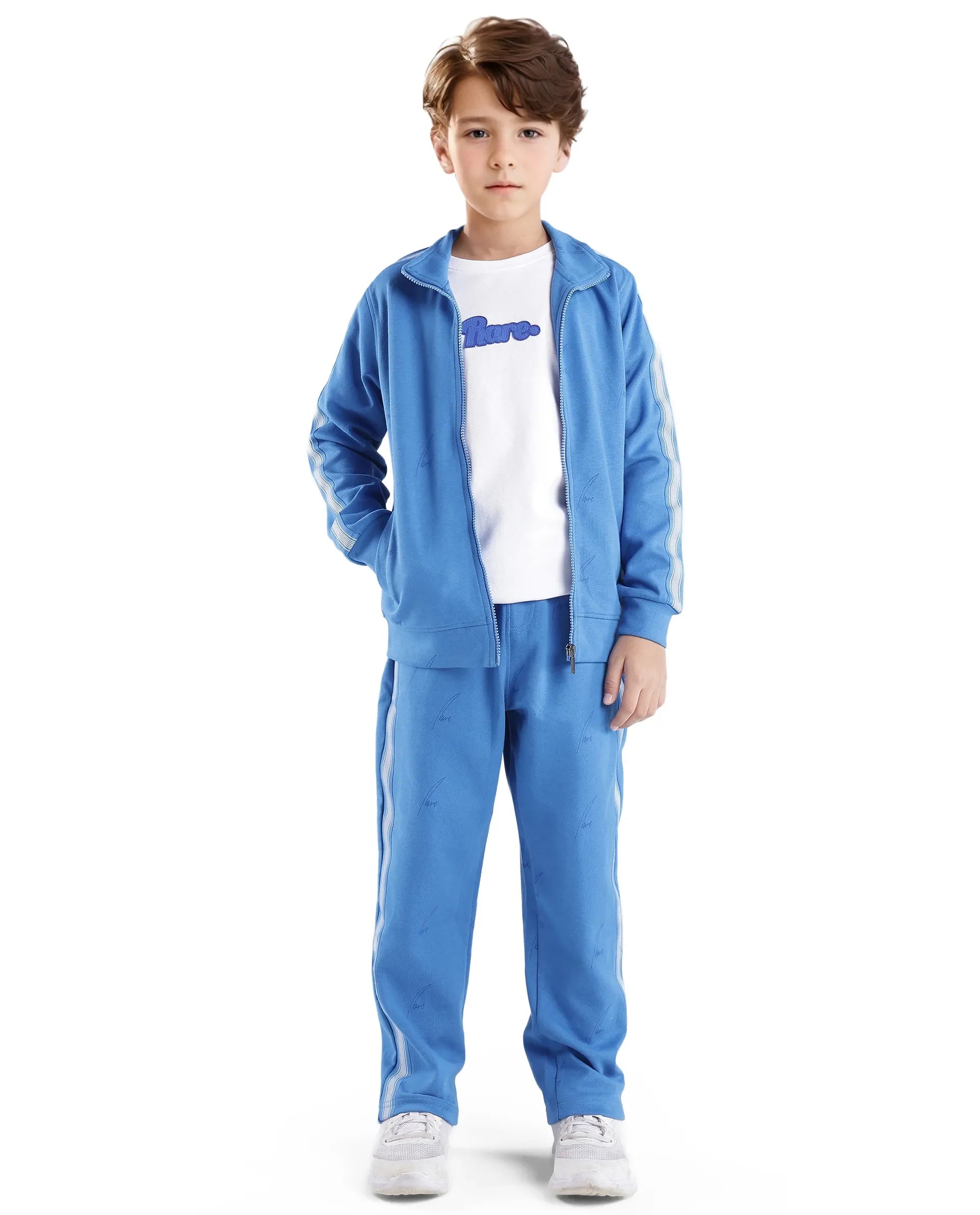 Rare Ones Kids Jacksign Blue Cotton Full Sleeves High Neck Striped Sleeve Zipper Closure Jelly Print Jacket