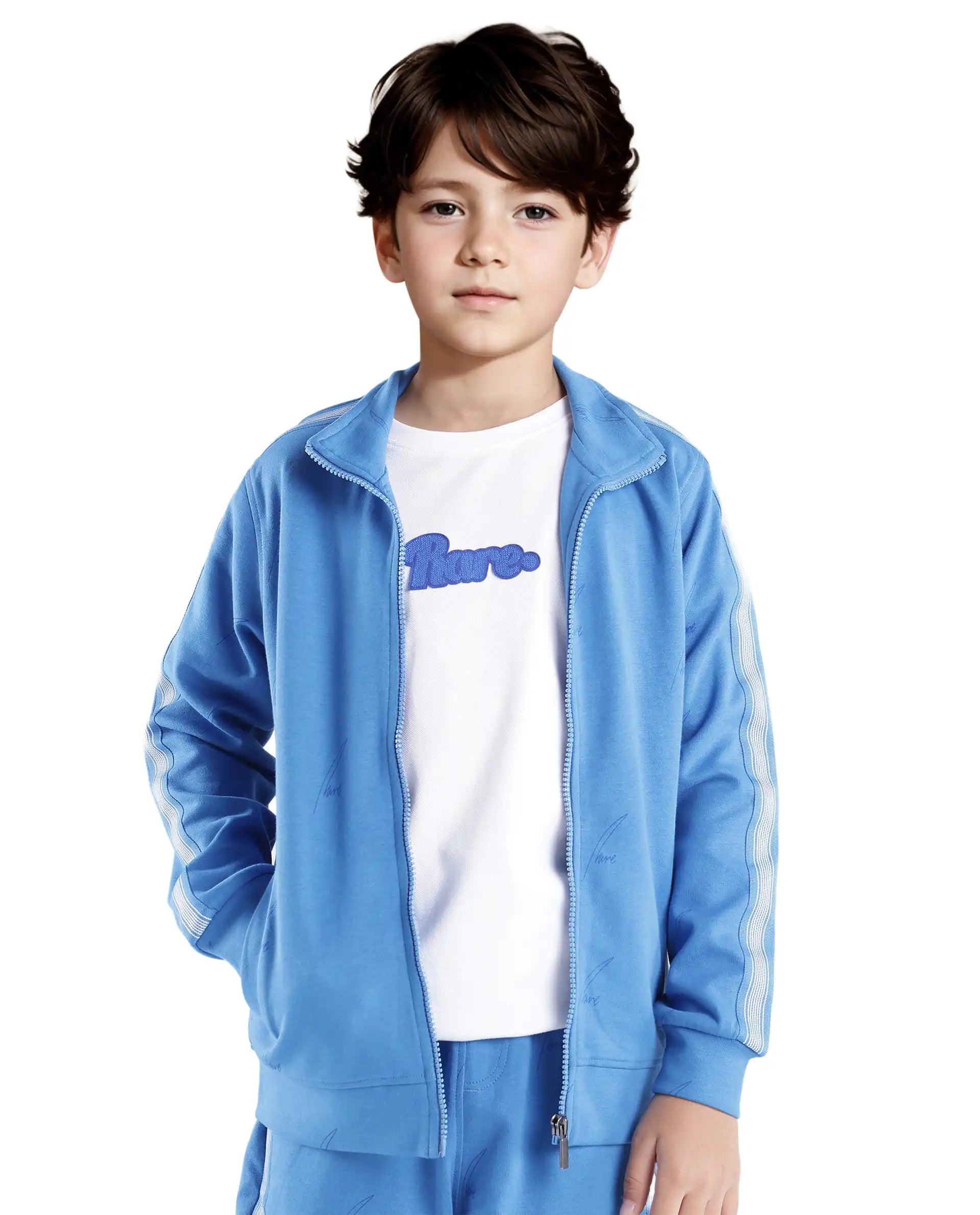 Rare Ones Kids Jacksign Blue Cotton Full Sleeves High Neck Striped Sleeve Zipper Closure Jelly Print Jacket
