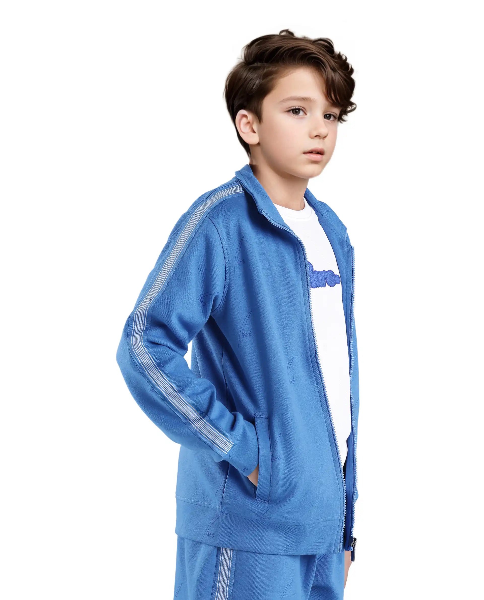 Rare Ones Kids Jacksign Blue Cotton Full Sleeves High Neck Striped Sleeve Zipper Closure Jelly Print Jacket
