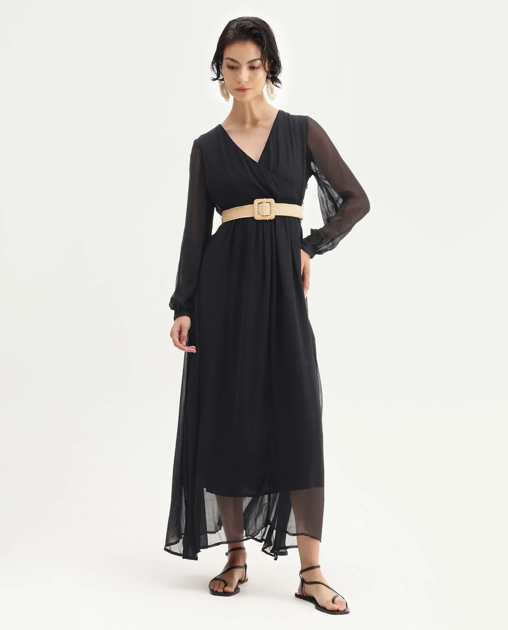 Rareism Women's Janclin Black Viscose V-Neck Plain Bishop Sleeve Maxi Fit And Flare Dress