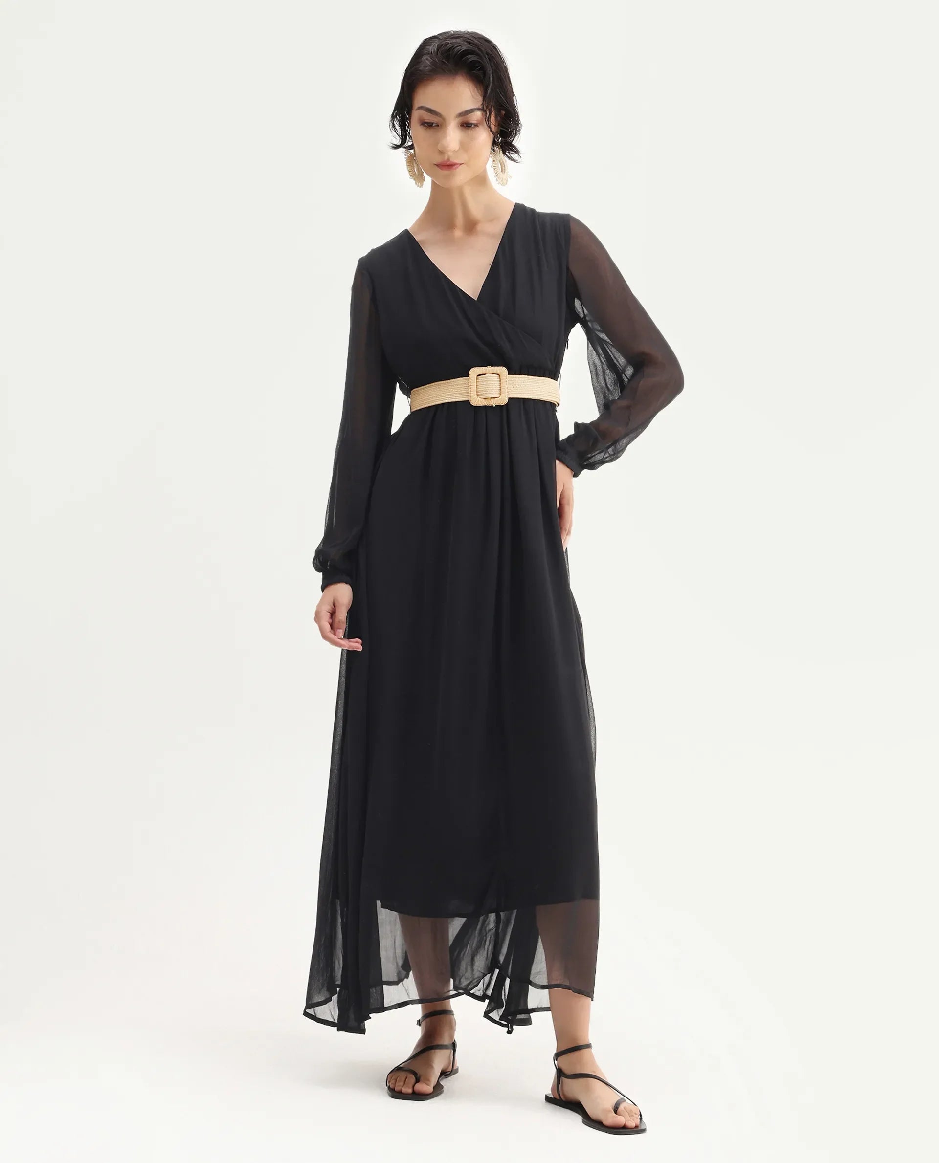 Rareism Women's Janclin Black Viscose V-Neck Plain Bishop Sleeve Maxi Fit And Flare Dress