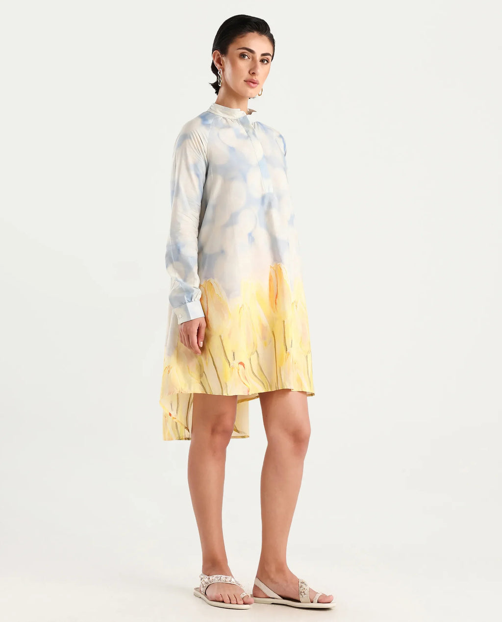 Rareism Women's Jancon Light Multi Modal Band Collar Floral Print Raglan Sleeve Mini A-Line Dress