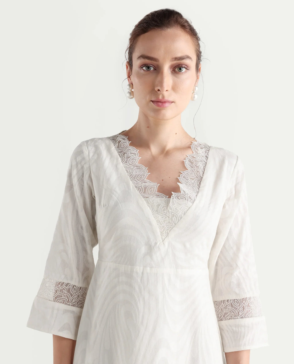 Rareism Women's Jancuol Off White Cotton V-Neck Plain Bell Sleeve Knee Length Fit And Flare Dress