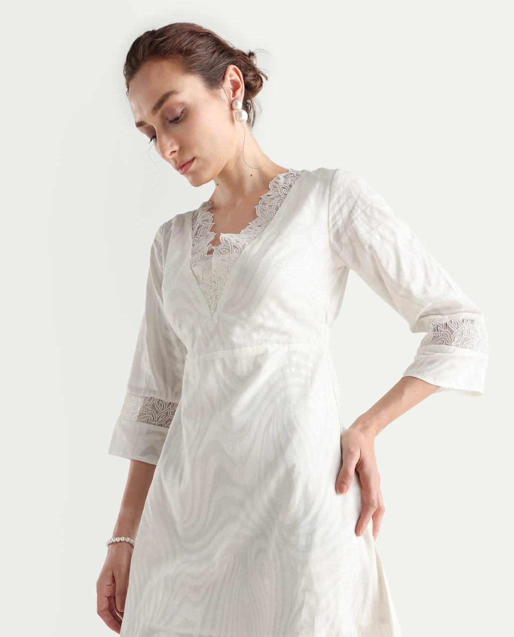Rareism Women's Jancuol Off White Cotton V-Neck Plain Bell Sleeve Knee Length Fit And Flare Dress