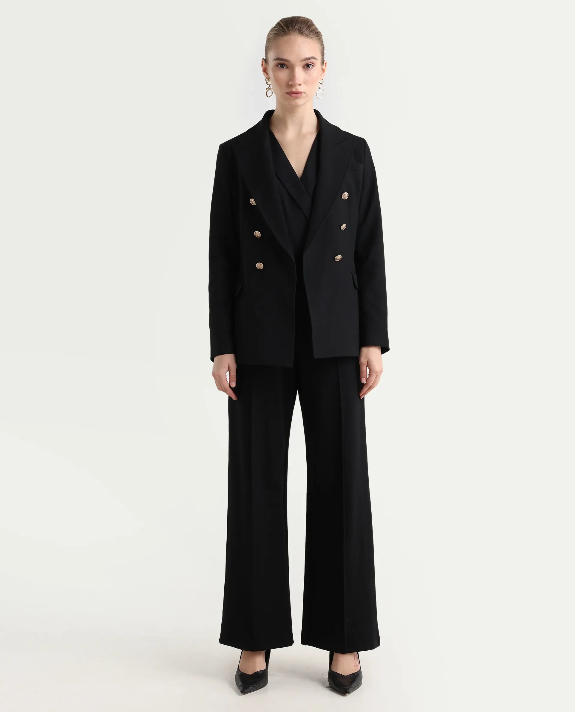 Rareism Women's Jancura-R Black Rayon Plain Ankle Length Bootcut Trouser
