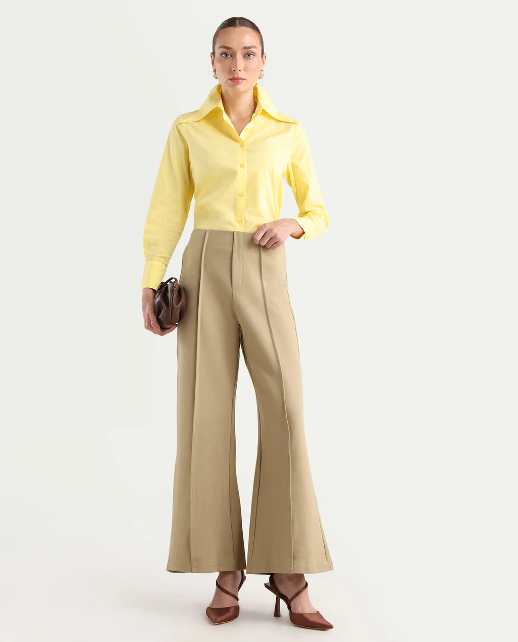 Rareism Women's Jancura Beige Rayon Plain Ankle Length Bootcut Trouser