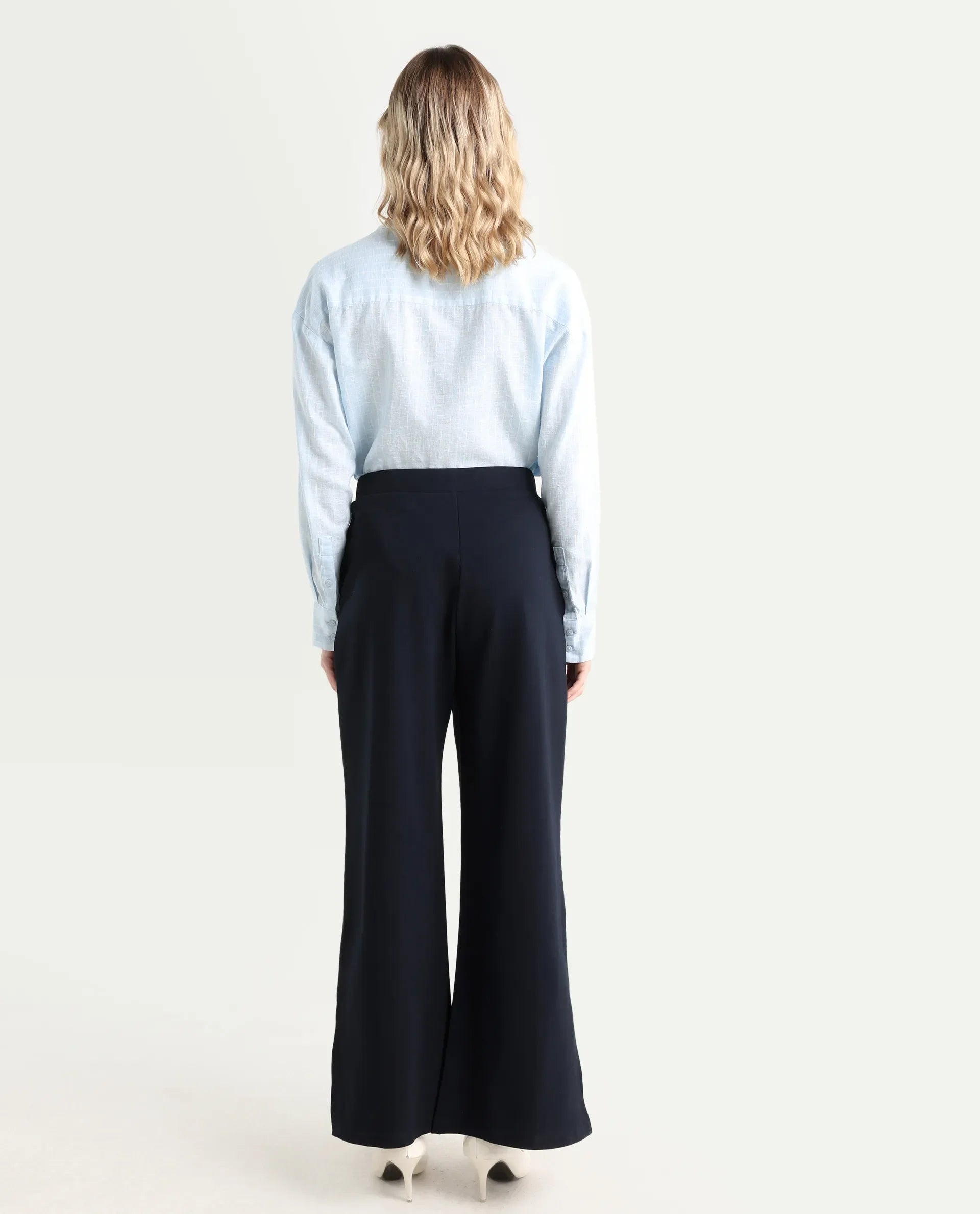 Rareism Women's Jancuri Navy Rayon Plain Ankle Length Straight Fit Trouser