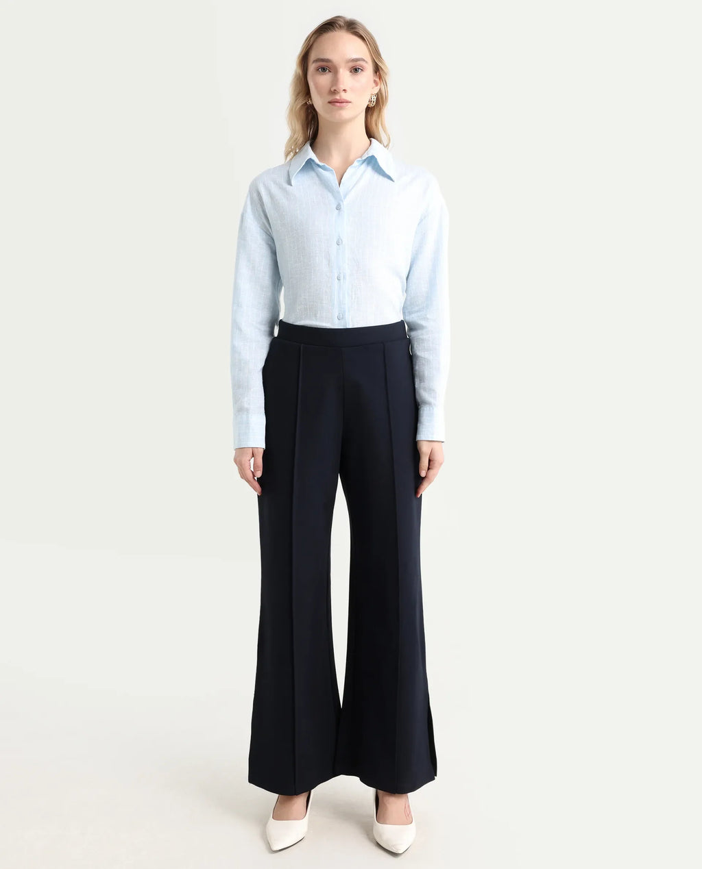 Rareism Women's Jancuri Navy Rayon Plain Ankle Length Straight Fit Trouser