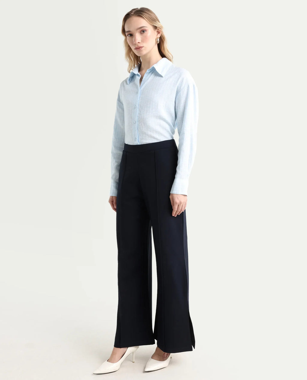 Rareism Women's Jancuri Navy Rayon Plain Ankle Length Straight Fit Trouser