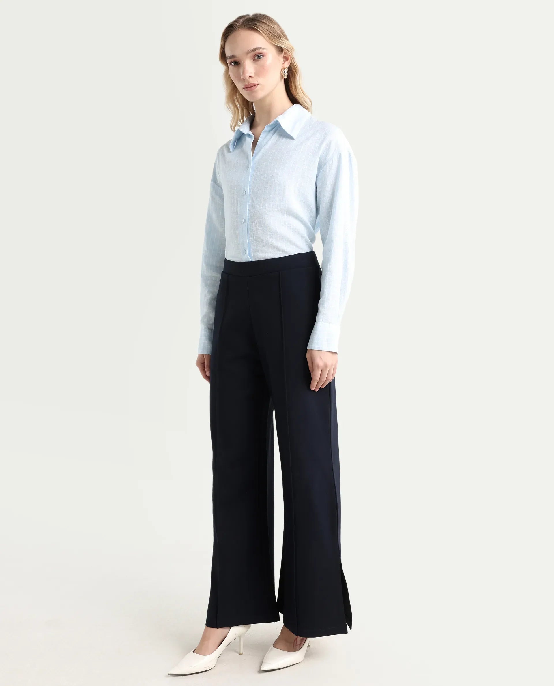 Rareism Women's Jancuri Navy Rayon Plain Ankle Length Straight Fit Trouser