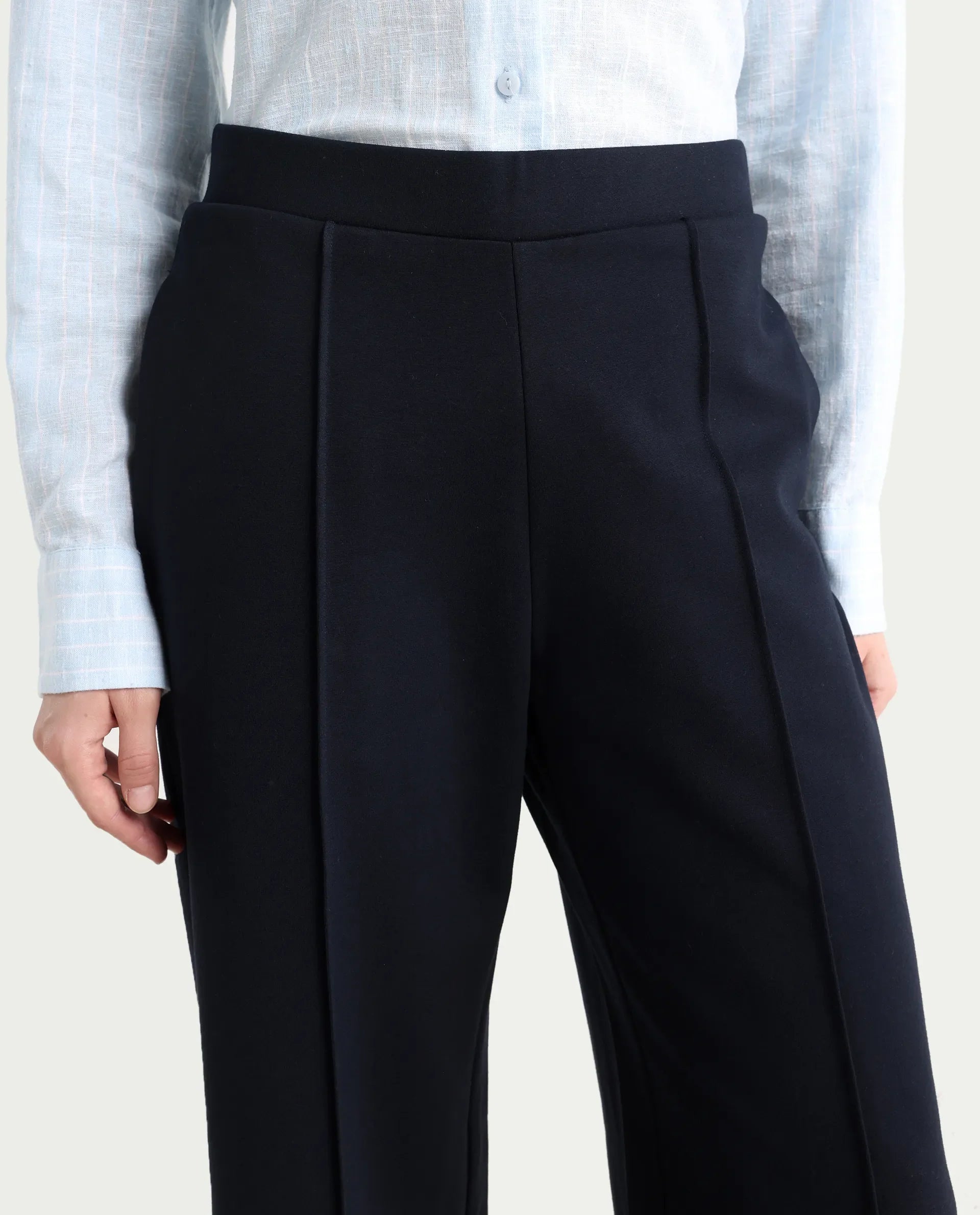 Rareism Women's Jancuri Navy Rayon Plain Ankle Length Straight Fit Trouser
