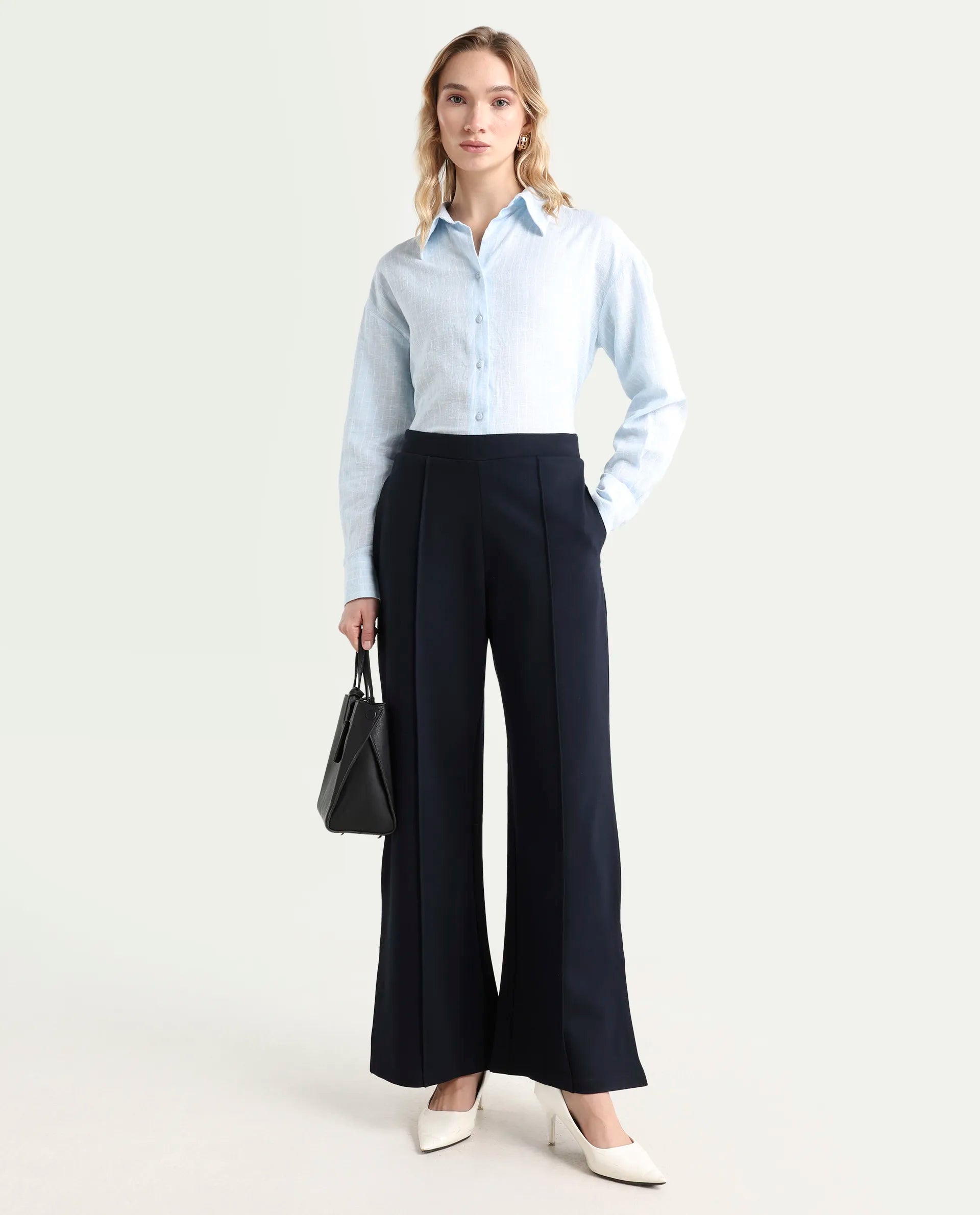Rareism Women's Jancuri Navy Rayon Plain Ankle Length Straight Fit Trouser