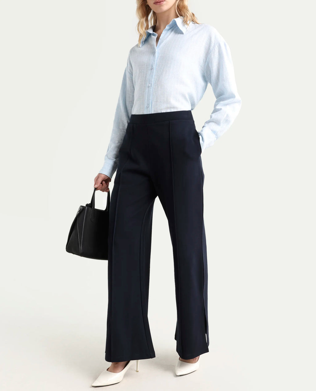 Rareism Women's Jancuri Navy Rayon Plain Ankle Length Straight Fit Trouser