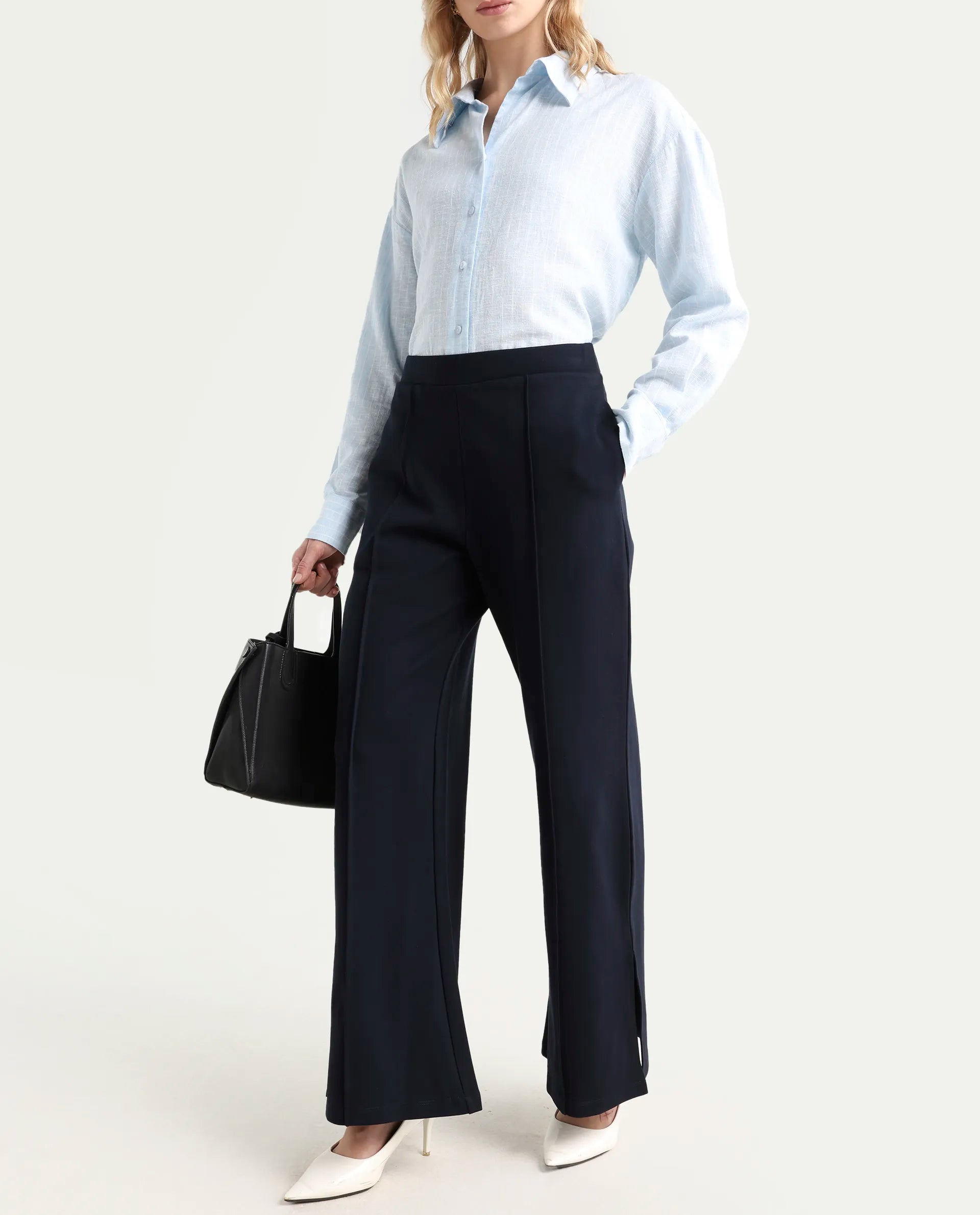 Rareism Women's Jancuri Navy Rayon Plain Ankle Length Straight Fit Trouser
