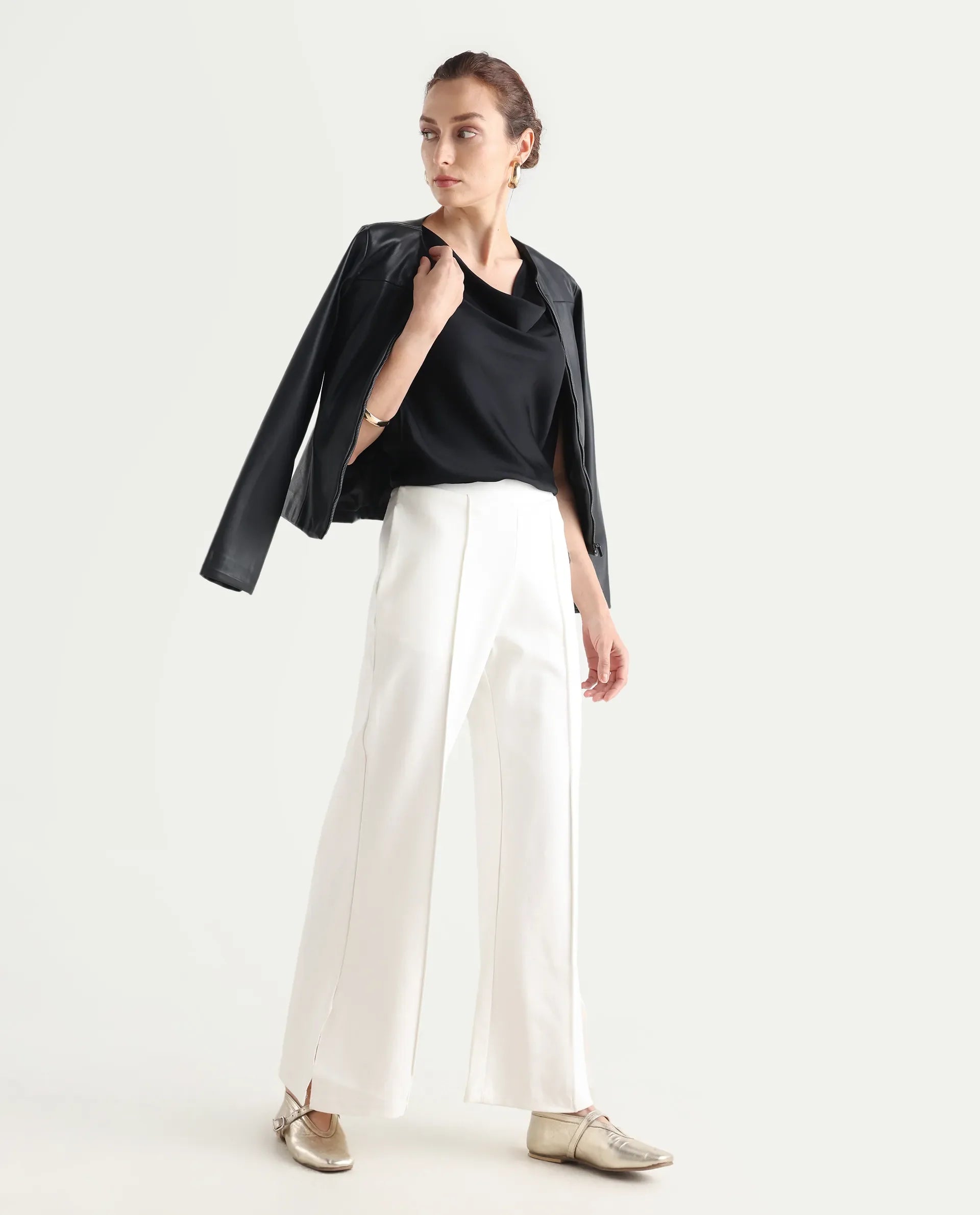 Rareism Women's Jancuri Off White Rayon Plain Ankle Length Straight Fit Trouser