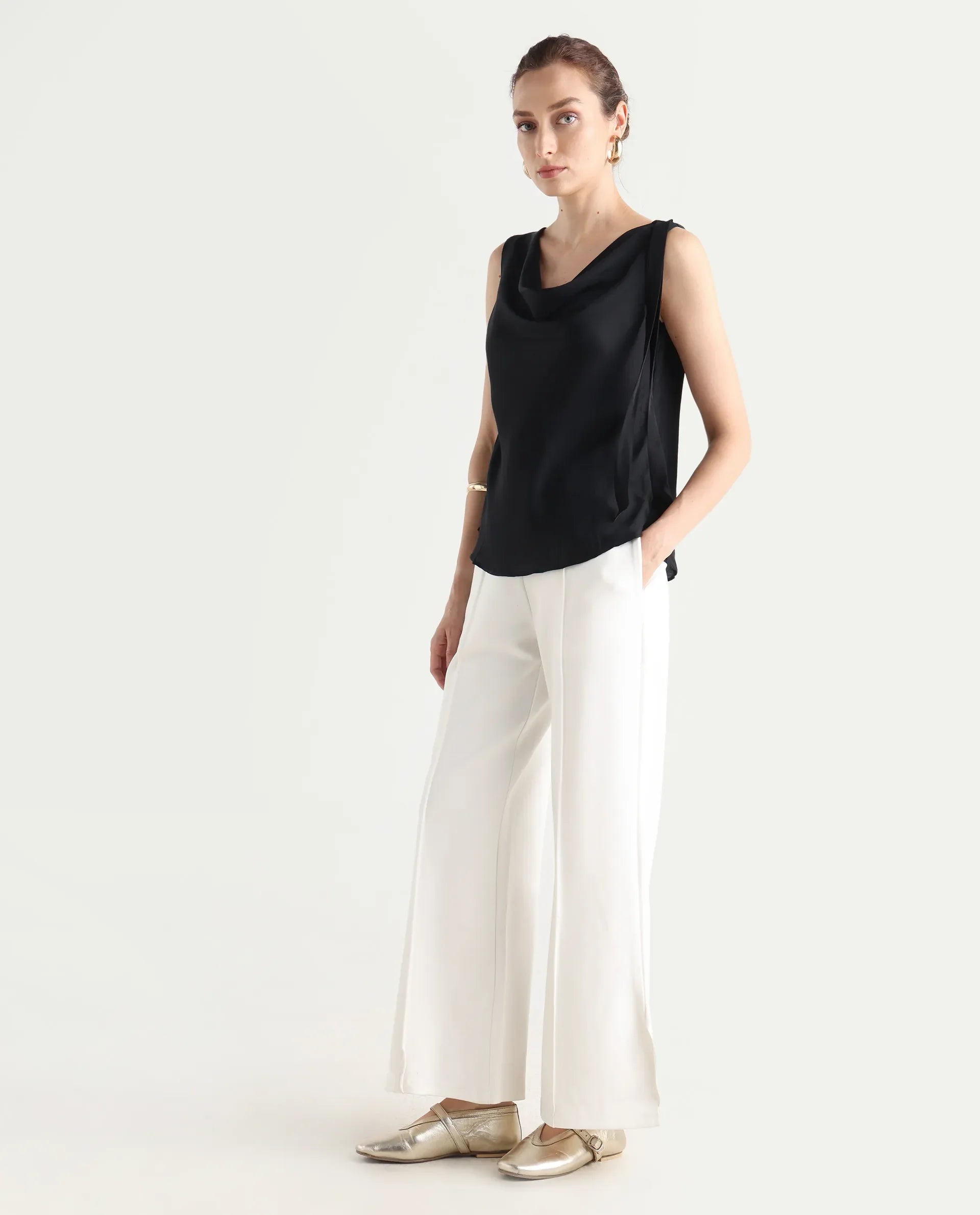 Rareism Women's Jancuri Off White Rayon Plain Ankle Length Straight Fit Trouser