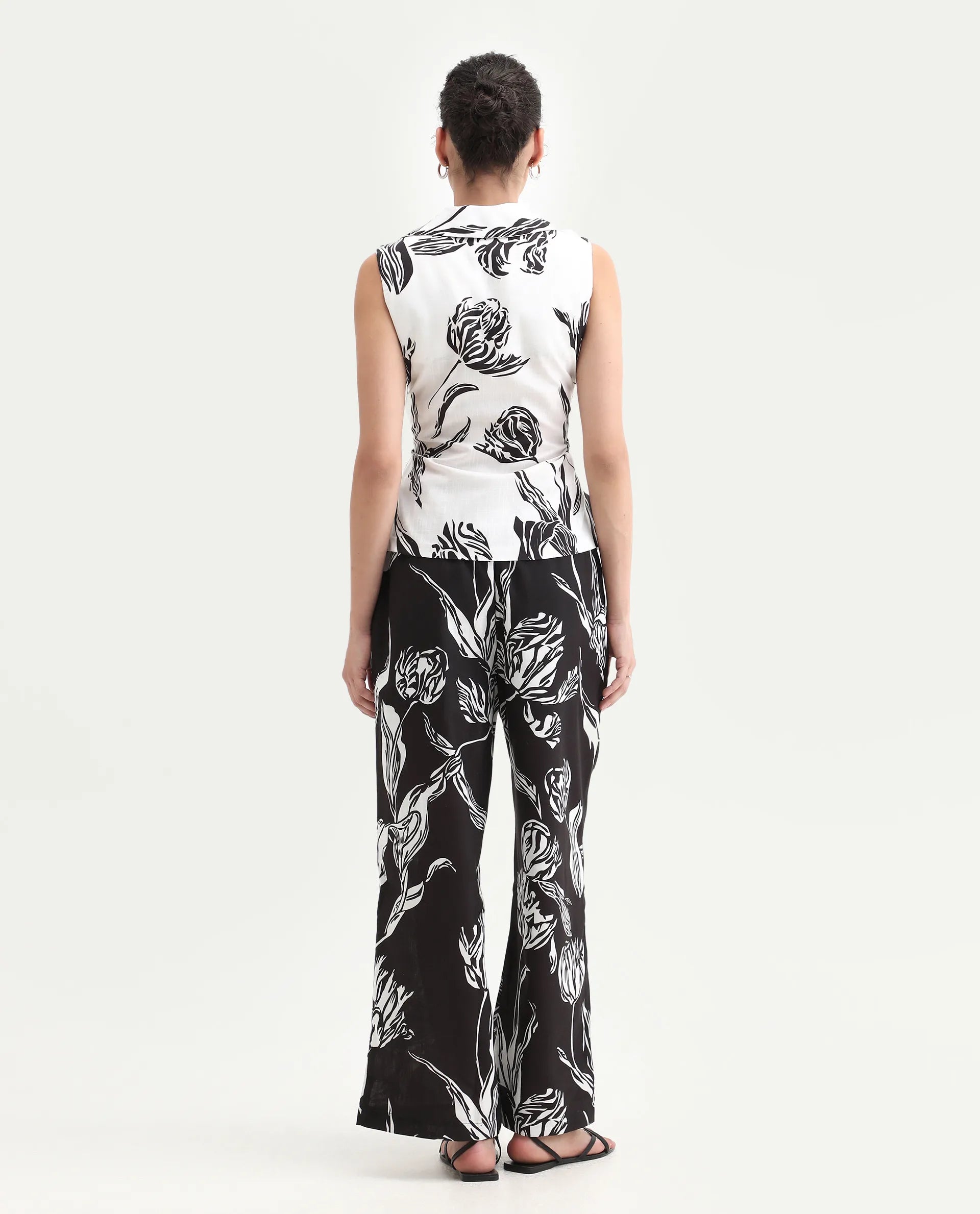 Rareism Women's Janfu B Black Polyester Floral Print Ankle Length Wide Trouser