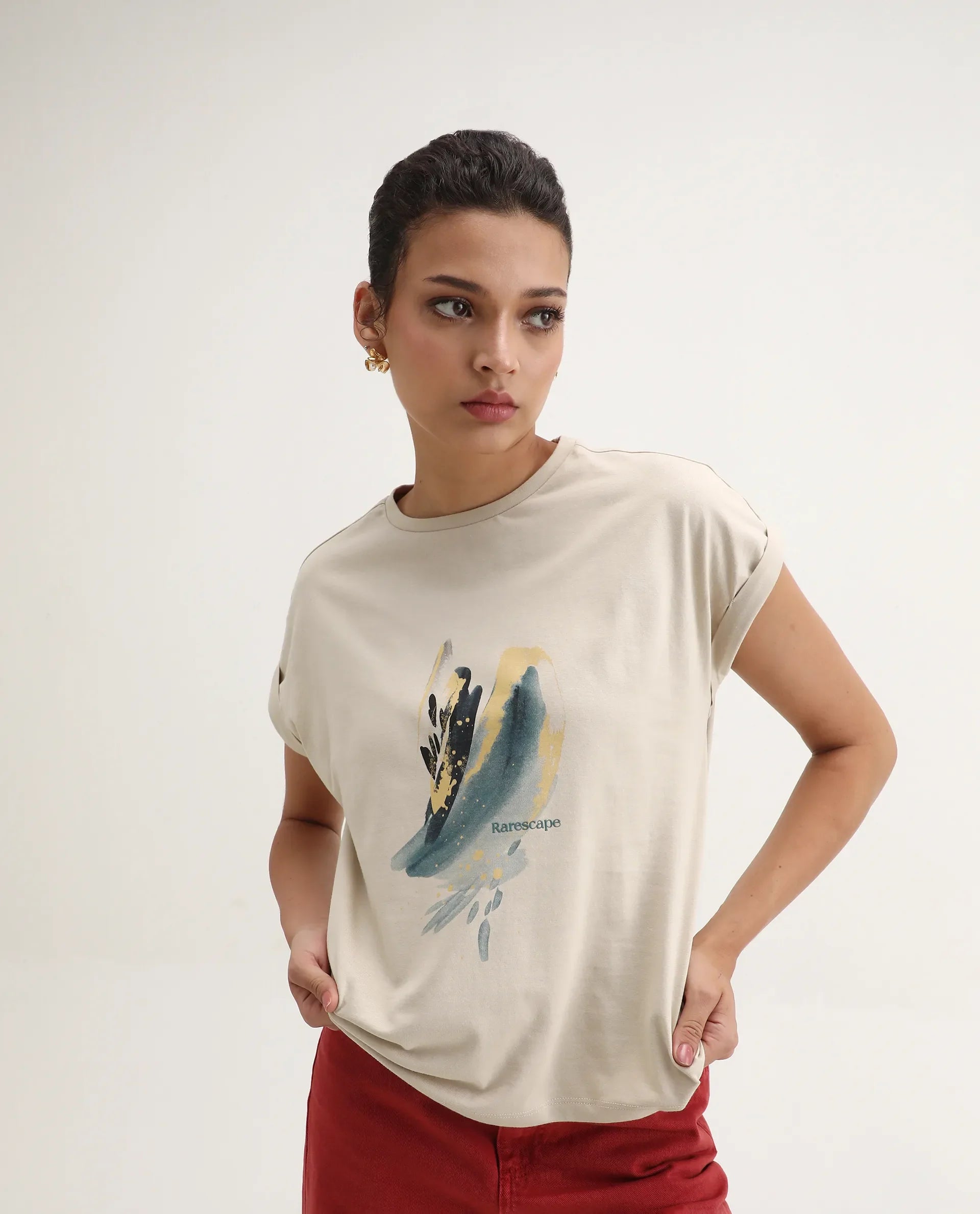 Rareism Women's Jango Beige Cotton Round Neck Graphic Print Extended Sleeves Regular Fit T-Shirt