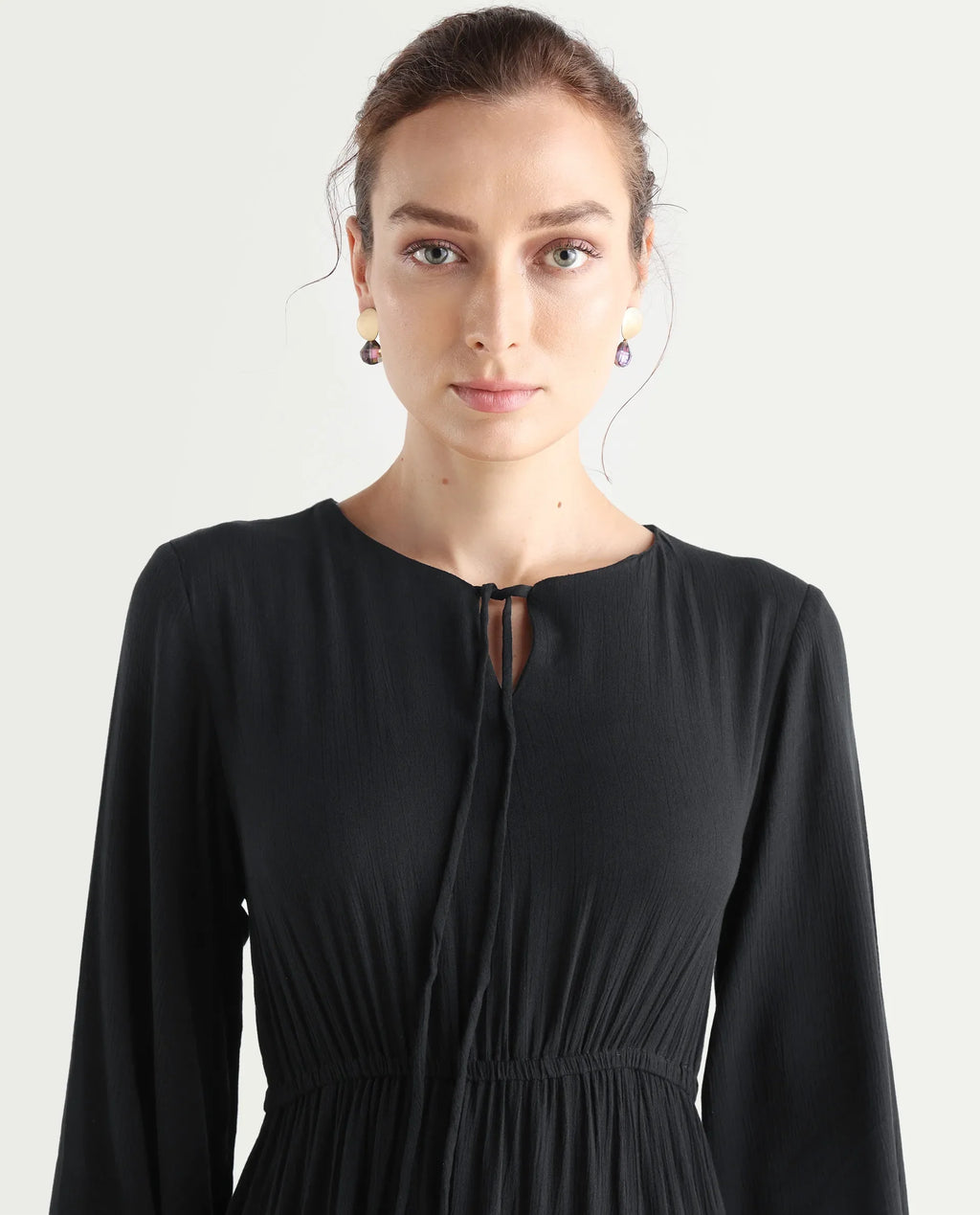 Rareism Women's Janog Black Cotton Tie-Up Neck Plain Bishop Sleeve Knee Length Fit And Flare Dress