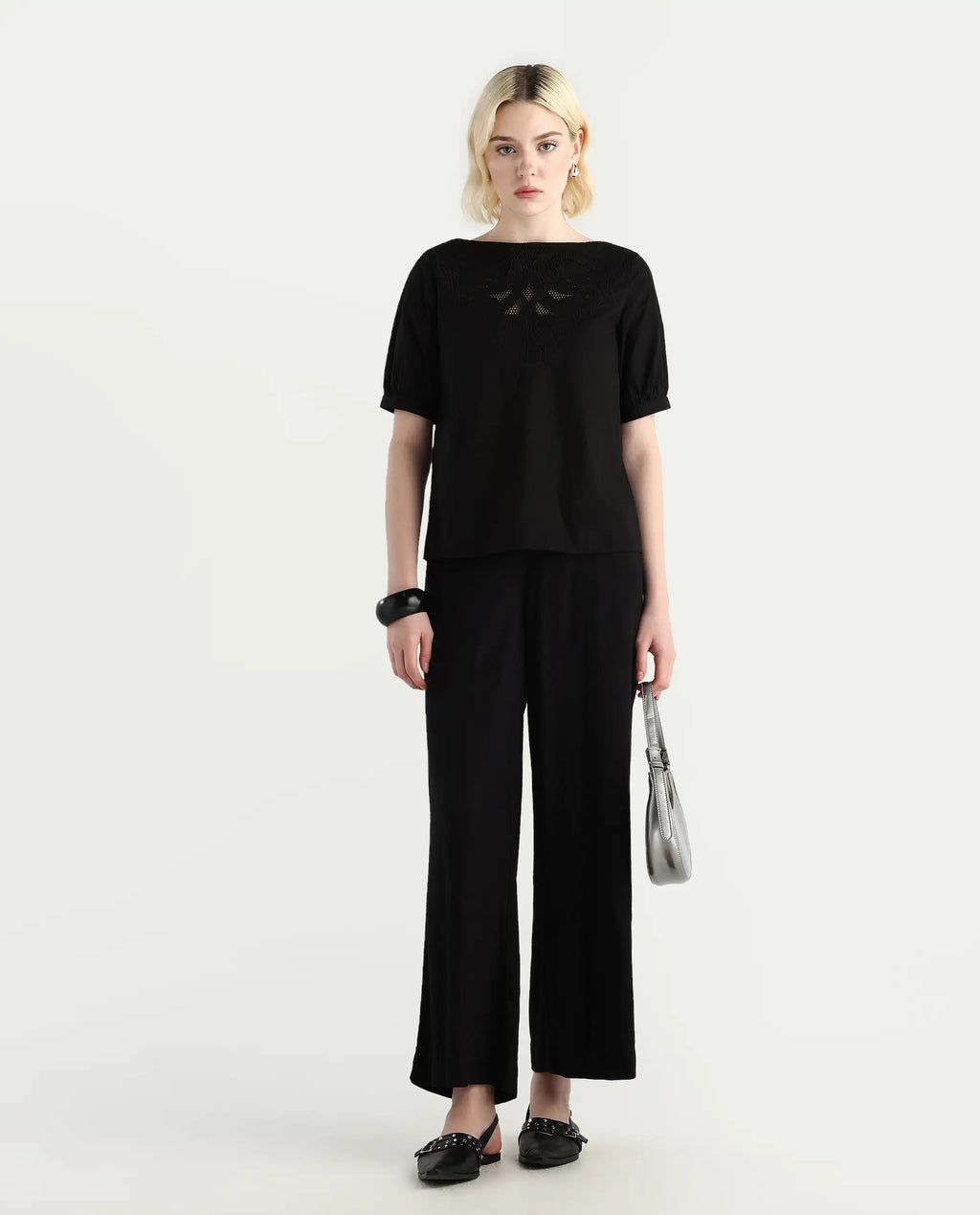 Rareism Women's Janla Black Cotton Boat Neck Embroidered Regular Fit Top
