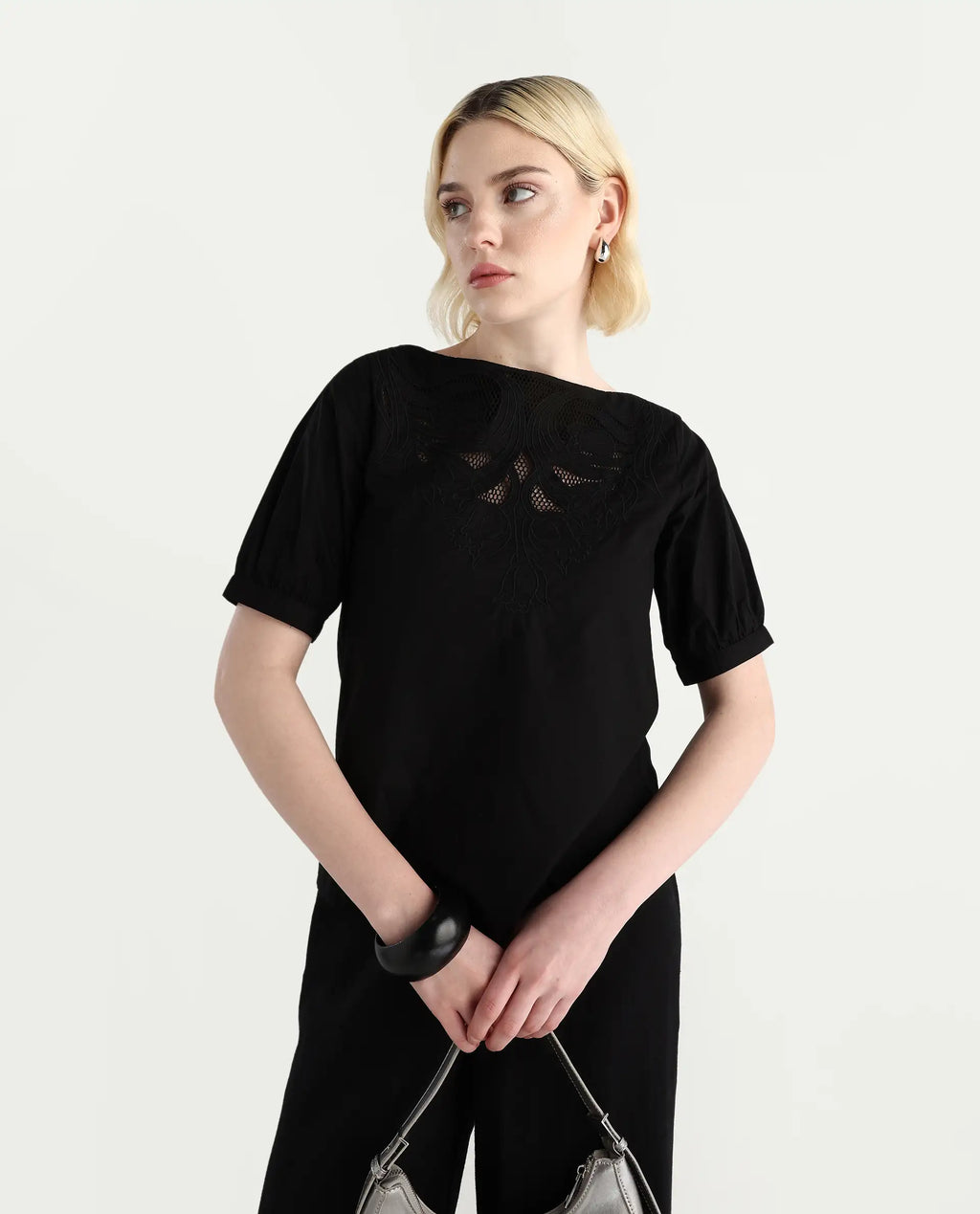Rareism Women's Janla Black Cotton Boat Neck Embroidered Regular Fit Top