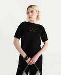 Rareism Women's Janla Black Cotton Boat Neck Embroidered Regular Fit Top