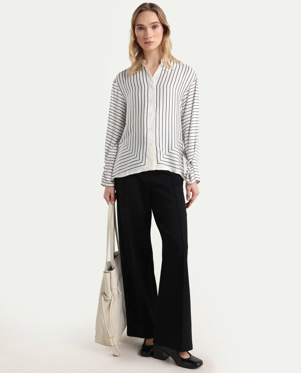 Rareism Women's Janlopo Off White Modal Band Collar Striped Regular Fit Top