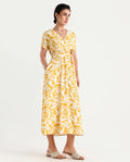 Rareism Women's Janmink Light Mustard Viscose Overlap Neck Floral Print Ruffled Sleeve Midi Wrap Dress
