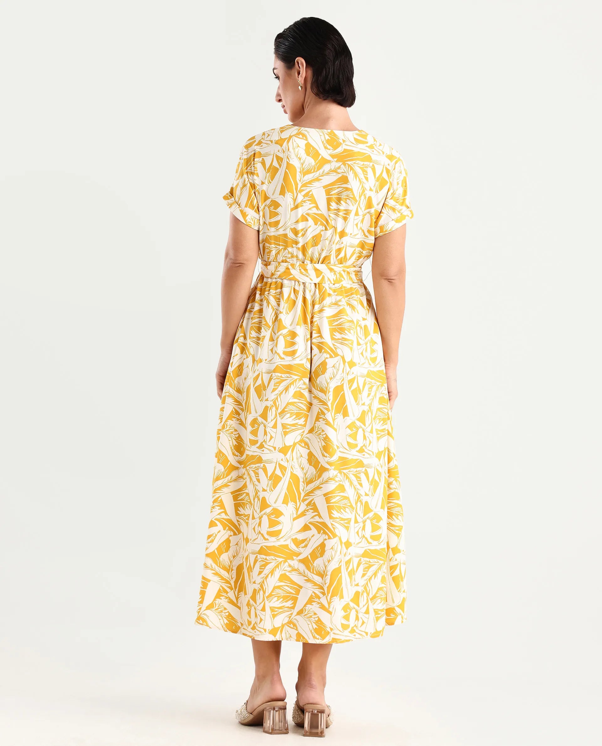Rareism Women's Janmink Light Mustard Viscose Overlap Neck Floral Print Ruffled Sleeve Midi Wrap Dress