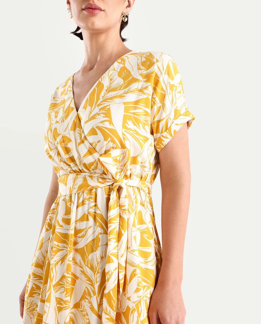 Rareism Women's Janmink Light Mustard Viscose Overlap Neck Floral Print Ruffled Sleeve Midi Wrap Dress