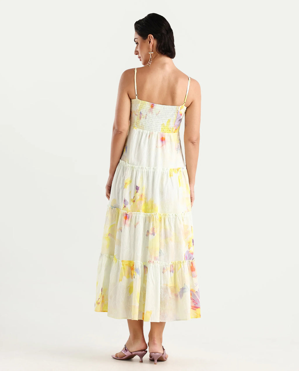 Rareism Women's Jannew Light Multi Cotton Shoulder Strap Floral Print Sleeveless Maxi Fit And Flare Dress