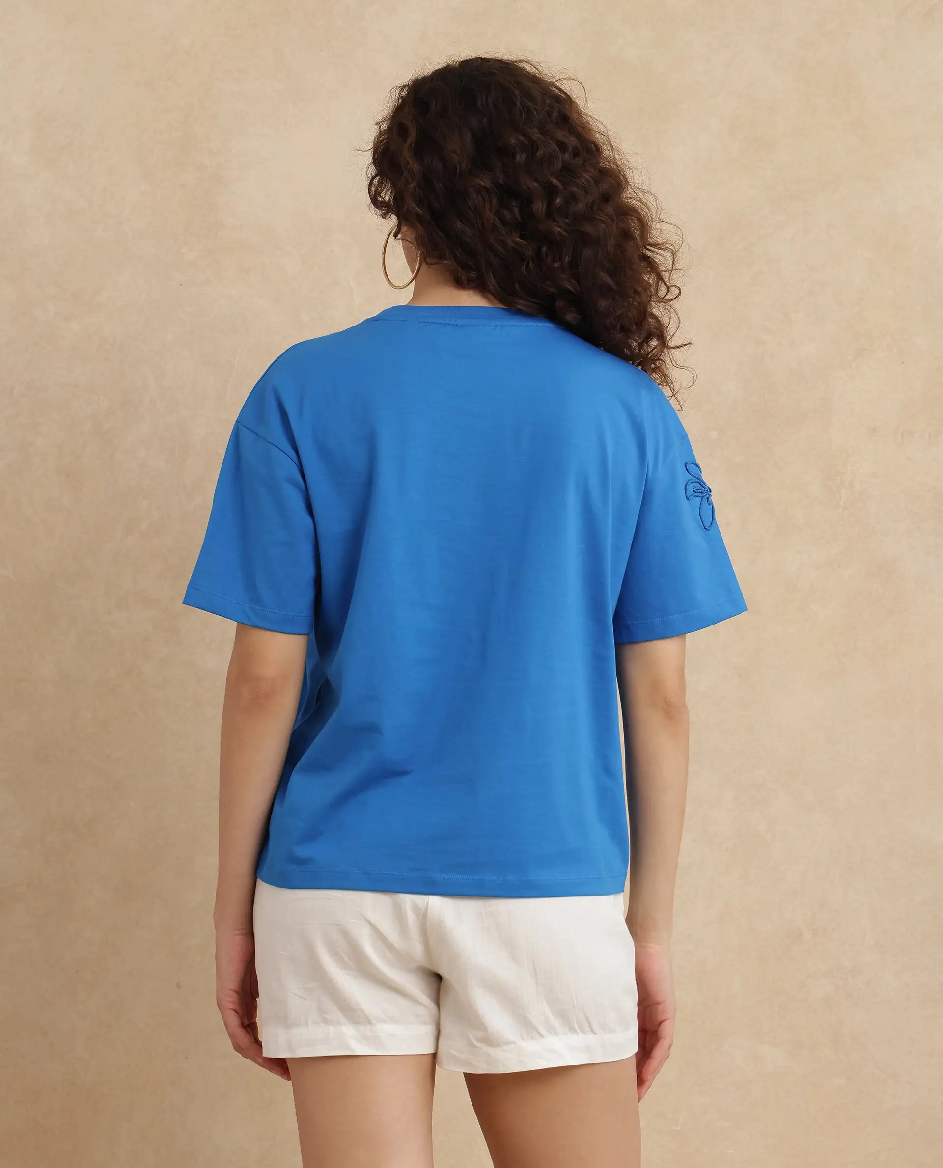 Rareism Women's Janox Blue Cotton Blend Round Neck Embroidered Relaxed Fit T-Shirt