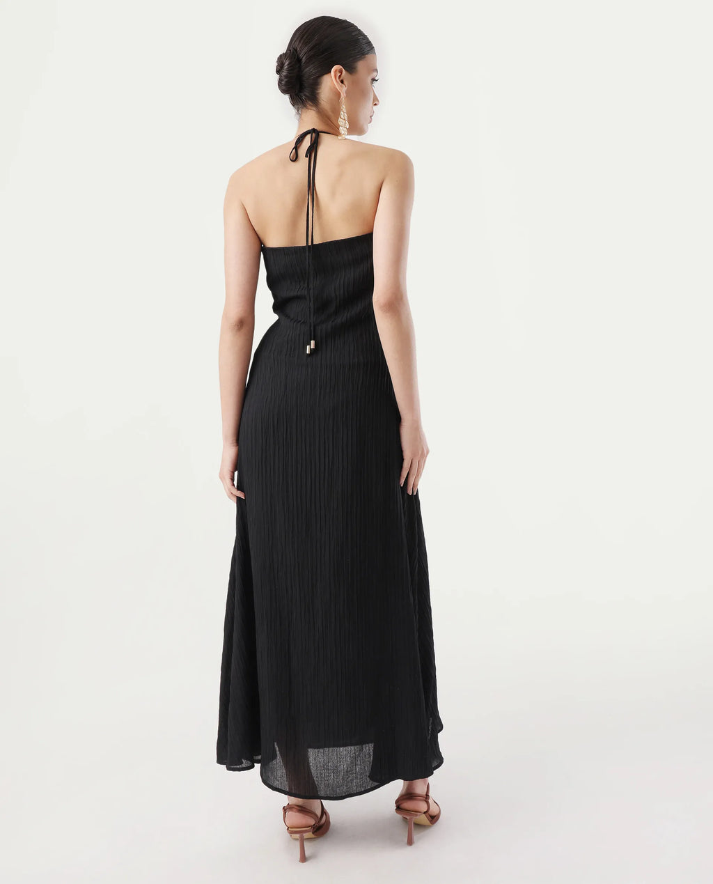 Rareism Women's Janram Black Polyester Tie-Up Neck Plain Sleeveless Maxi Wrap Dress
