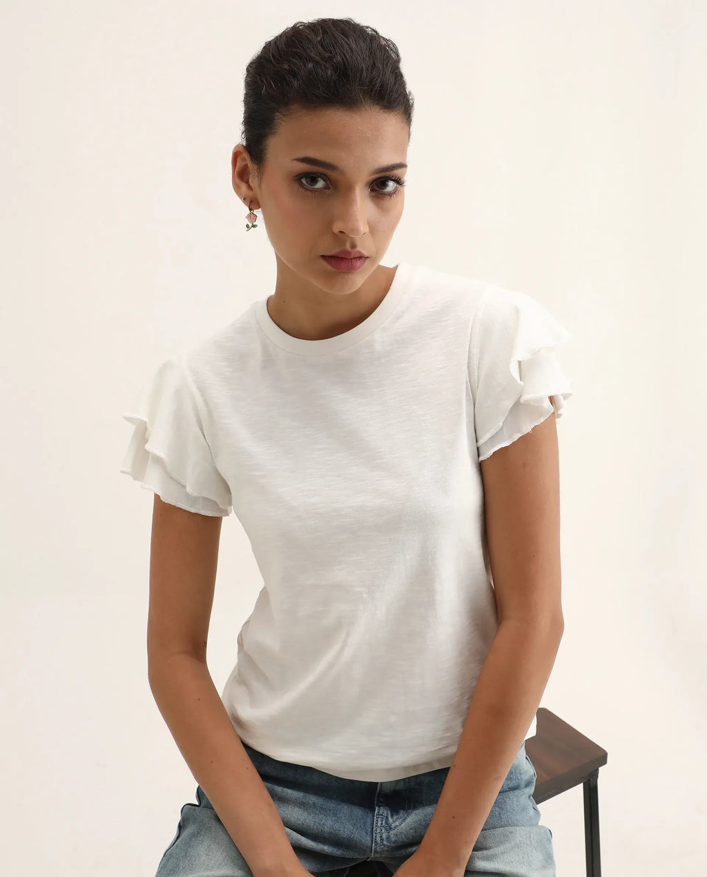 Rareism Women's Janruf Off White Cotton Round Neck Plain Ruffled Sleeve Regular Fit T-Shirt