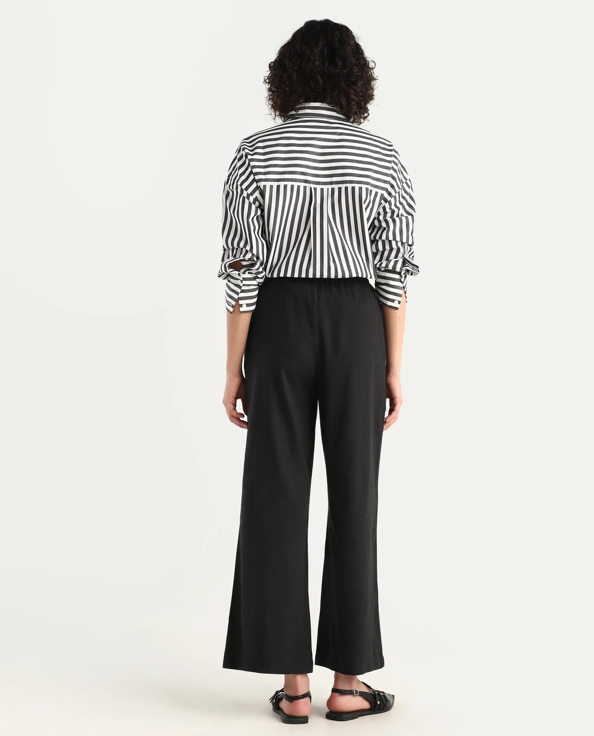 Rareism Women's Janry Black Linen Plain Ankle Length Straight Fit Trouser
