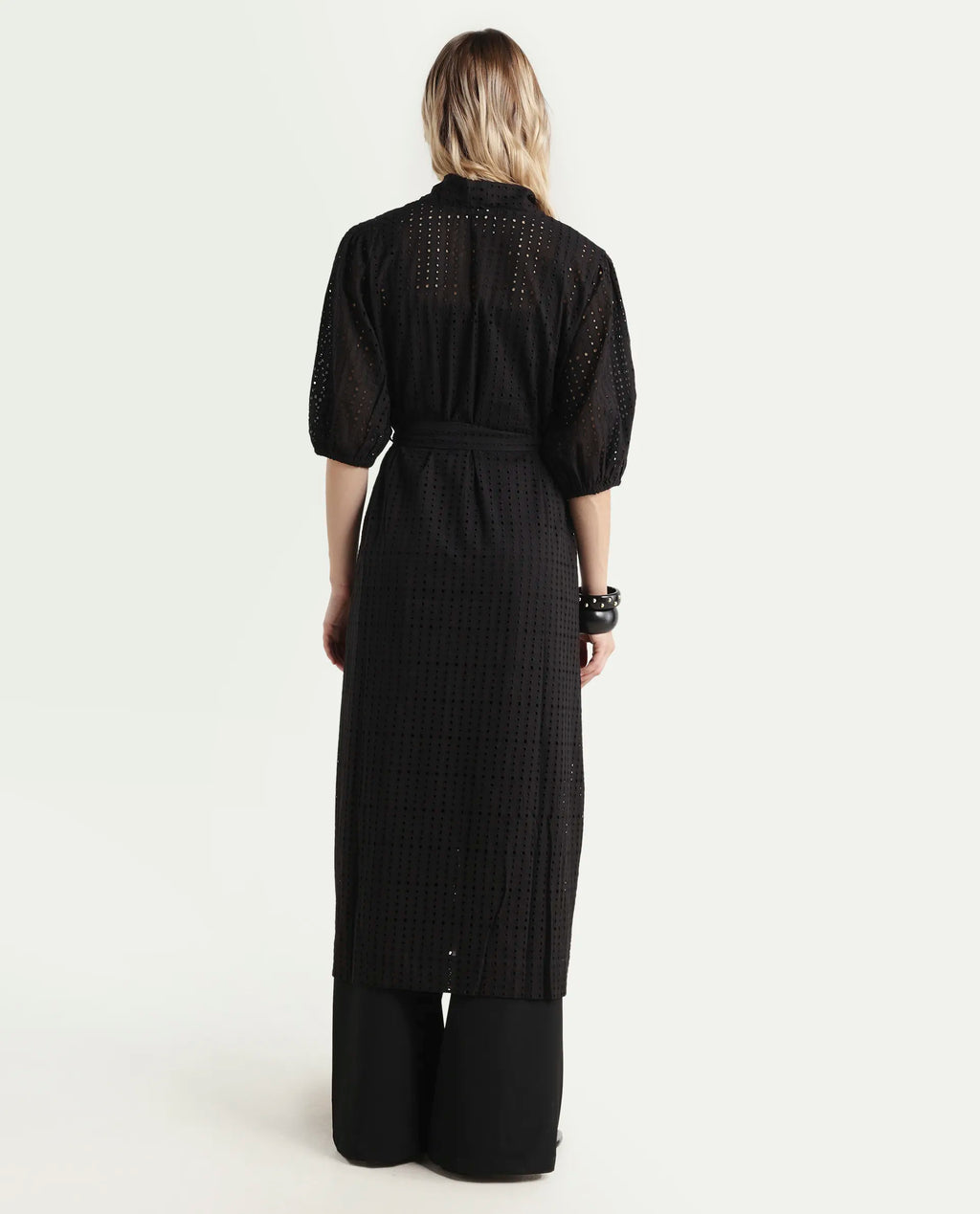 Rareism Women's Janslip Black Cotton Collarless Plain Balloon Sleeve Maxi Regular Fit Shrug