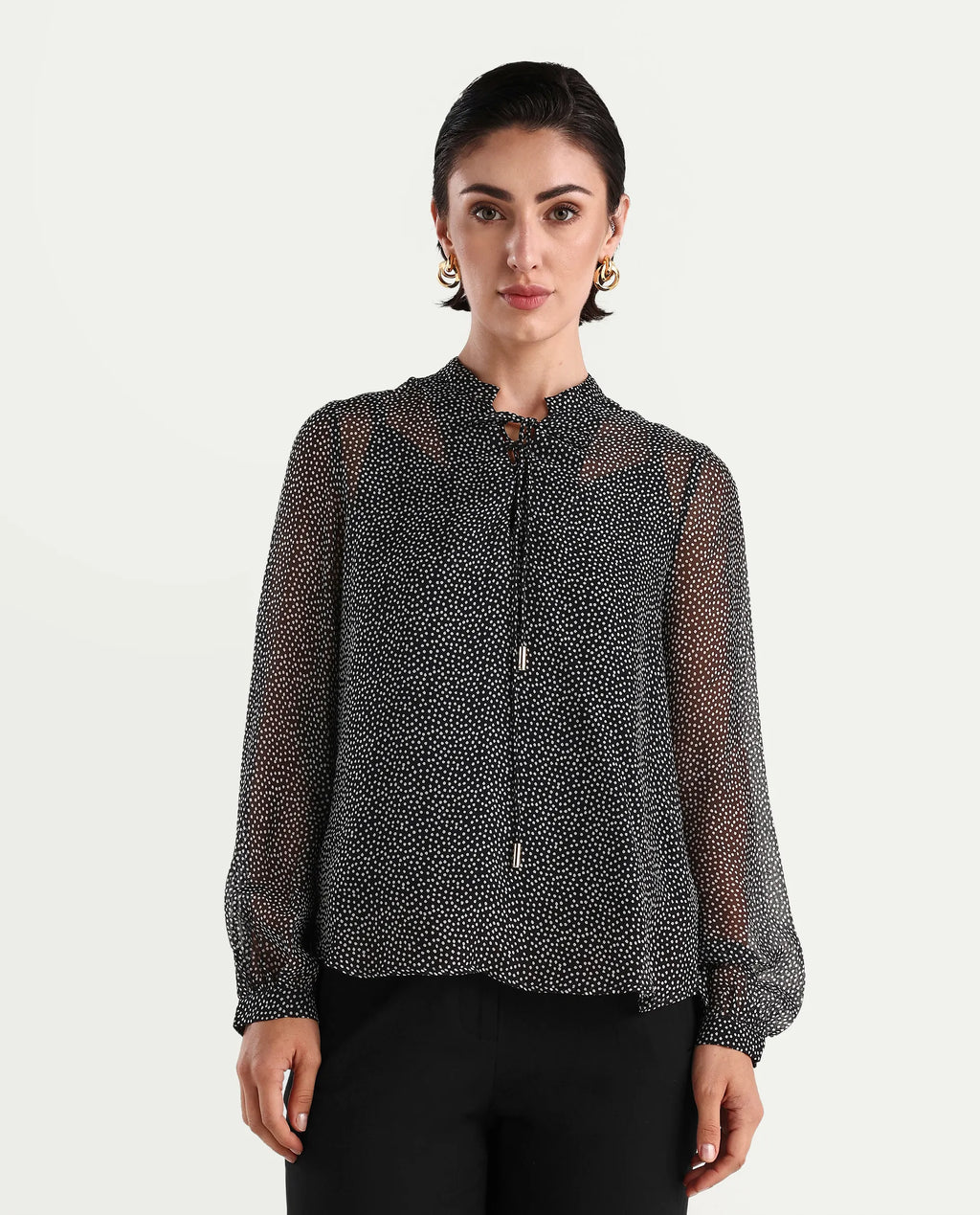 Rareism Women's Jantab Black Viscose Band Collar Polka Print Bishop Sleeve Relaxed Fit Top