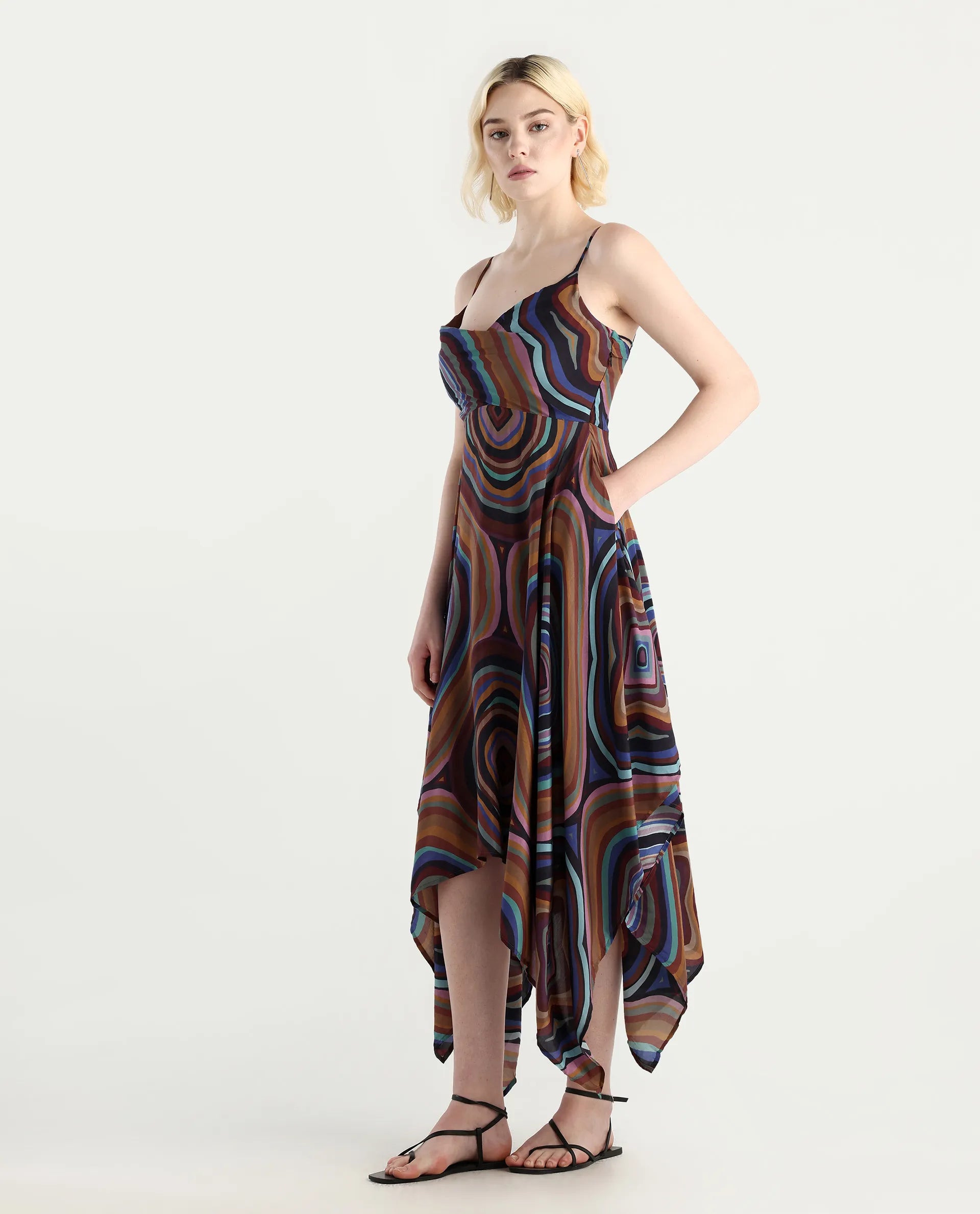 Rareism Women's Janudya Dark Multi Viscose Cowl Neck Abstract Print Sleeveless Maxi Fit And Flare Dress