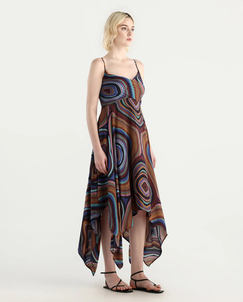 Rareism Women's Janudya Dark Multi Viscose Cowl Neck Abstract Print Sleeveless Maxi Fit And Flare Dress