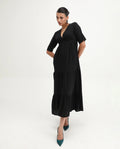 Rareism Women's Janyaka Black Linen V-Neck Plain Maxi Fit And Flare Dress