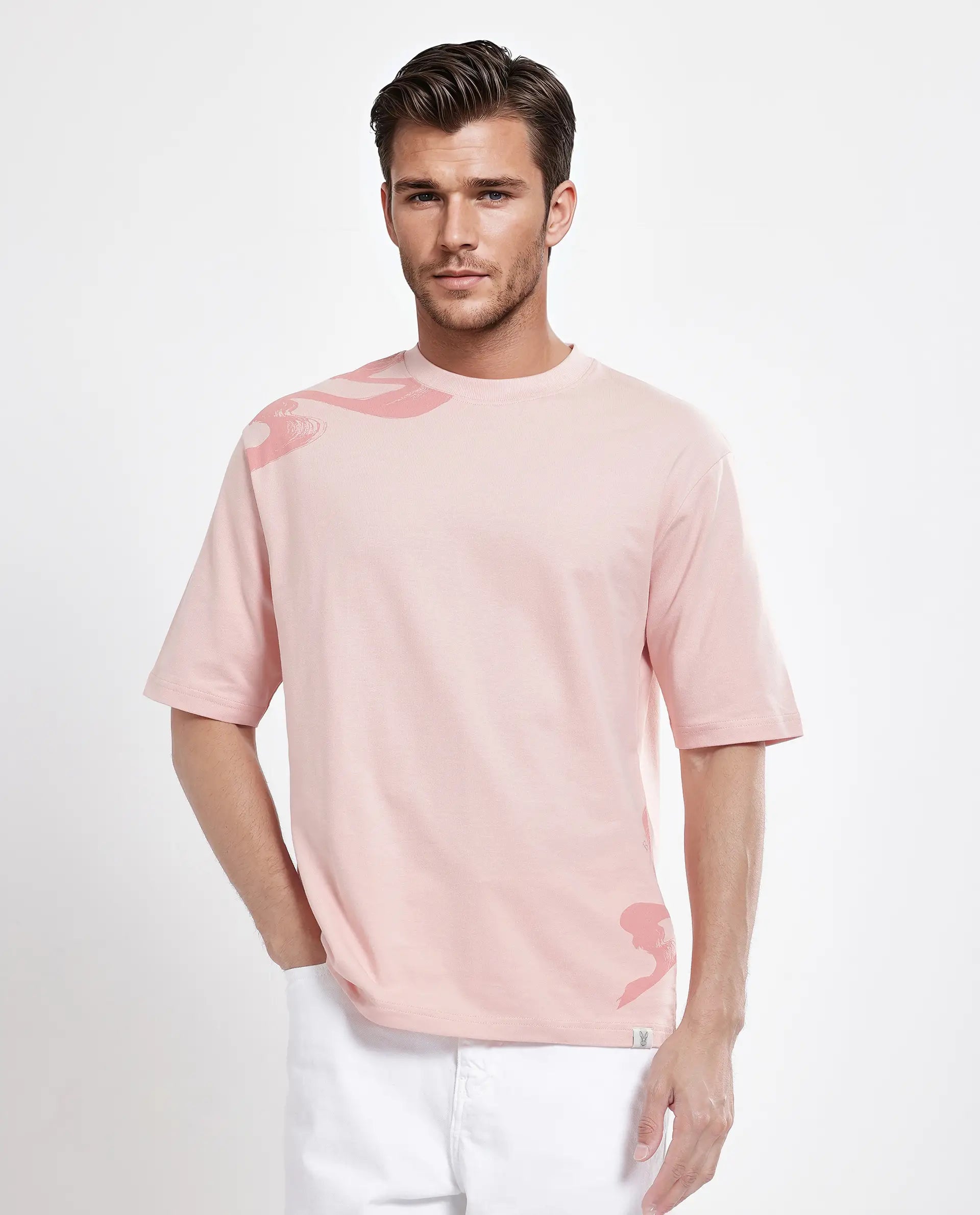 Rare Rabbit Men's Jarn Light Orange Cotton Graphic Print Qlo Fit Half Sleeve Crew Neck T-Shirt