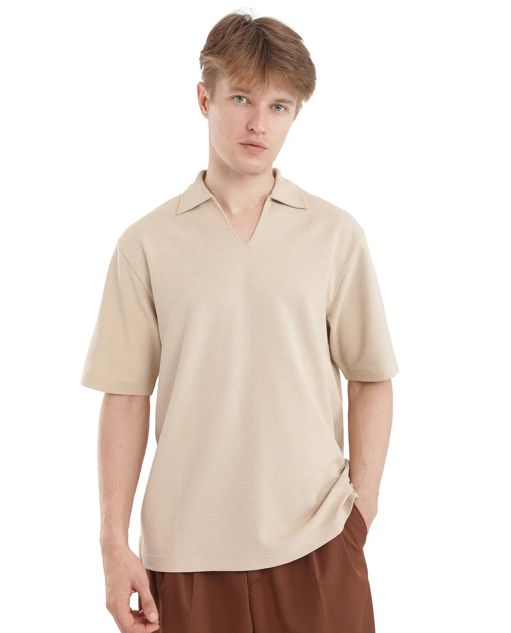 Rare Rabbit Men's Jawal Beige Cotton Blend Plain Oversized Fit Half Sleeve Polo