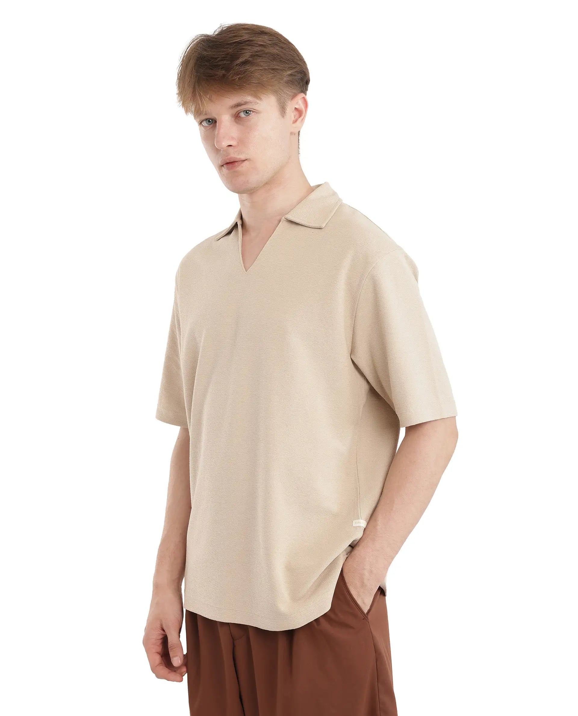 Rare Rabbit Men's Jawal Beige Cotton Blend Plain Oversized Fit Half Sleeve Polo