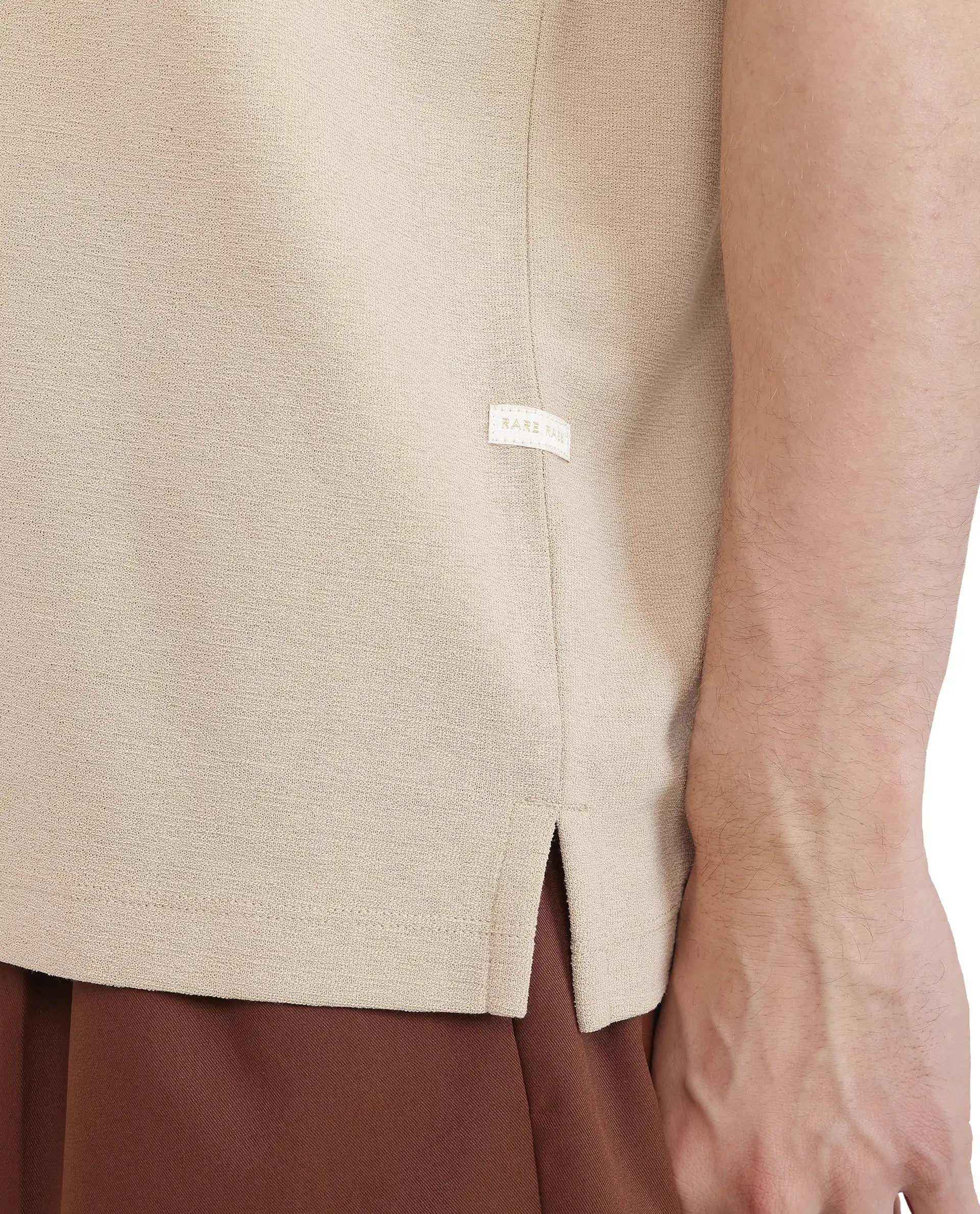 Rare Rabbit Men's Jawal Beige Cotton Blend Plain Oversized Fit Half Sleeve Polo