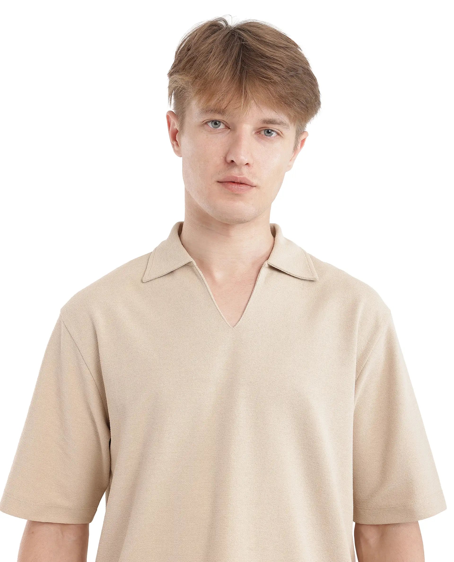 Rare Rabbit Men's Jawal Beige Cotton Blend Plain Oversized Fit Half Sleeve Polo