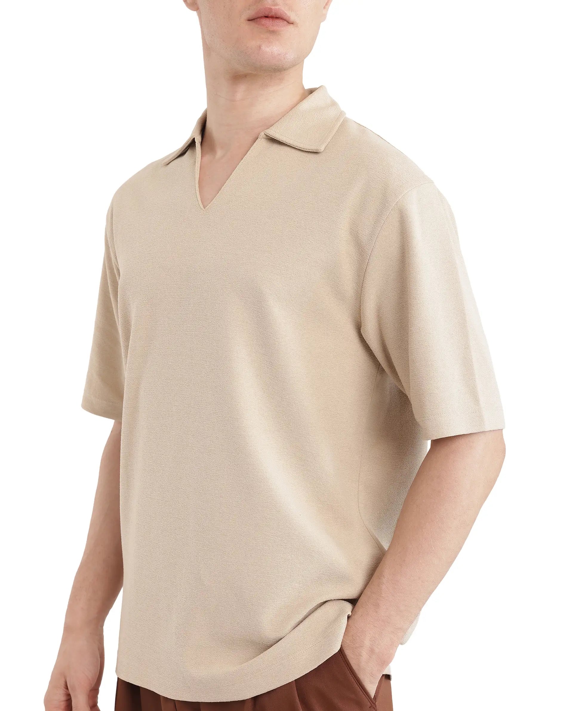 Rare Rabbit Men's Jawal Beige Cotton Blend Plain Oversized Fit Half Sleeve Polo