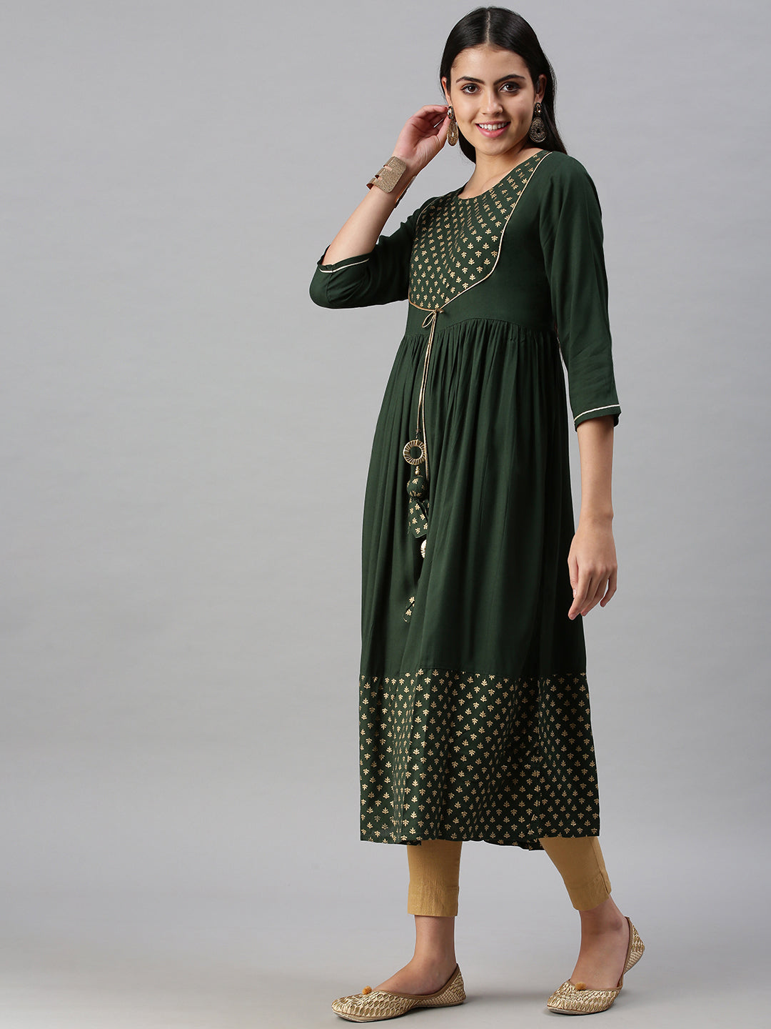Women's Green Yoke Design Anarkali Kurta
